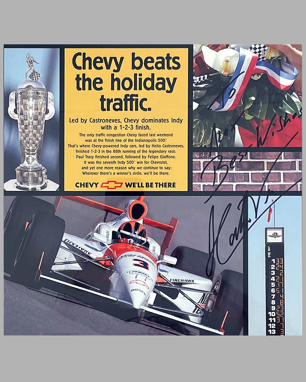 Chevrolet wins the 2001 Indy 500 ad copy, autographed by Helio Castroneves 3