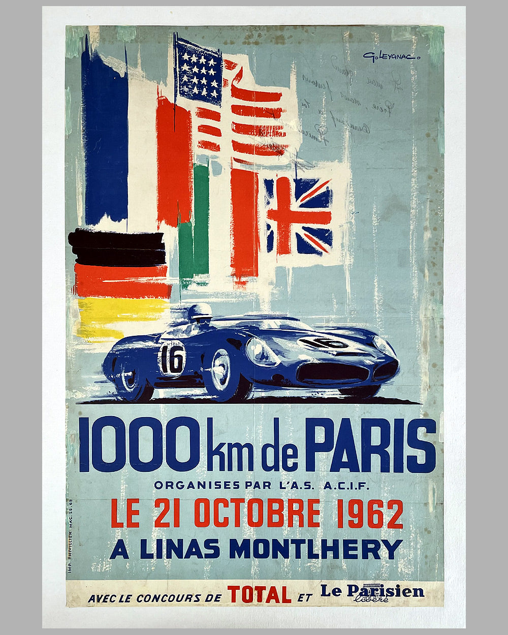 1962 1000 KM de Paris at Montlhery original poster by G. Leygnac