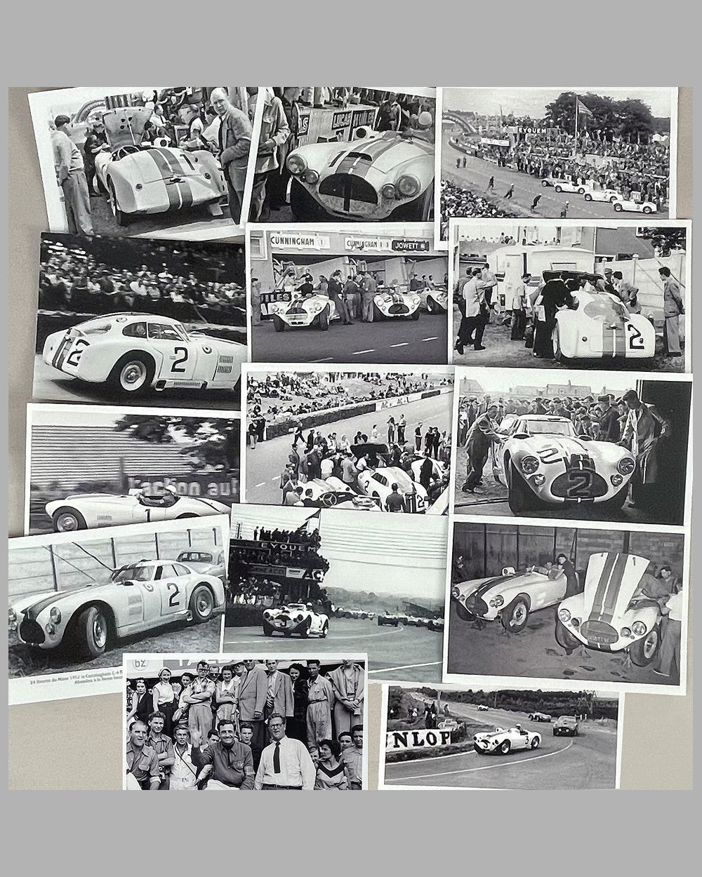 Collection of 14 b&w photographs of Cunningham cars at Le Mans in 1952