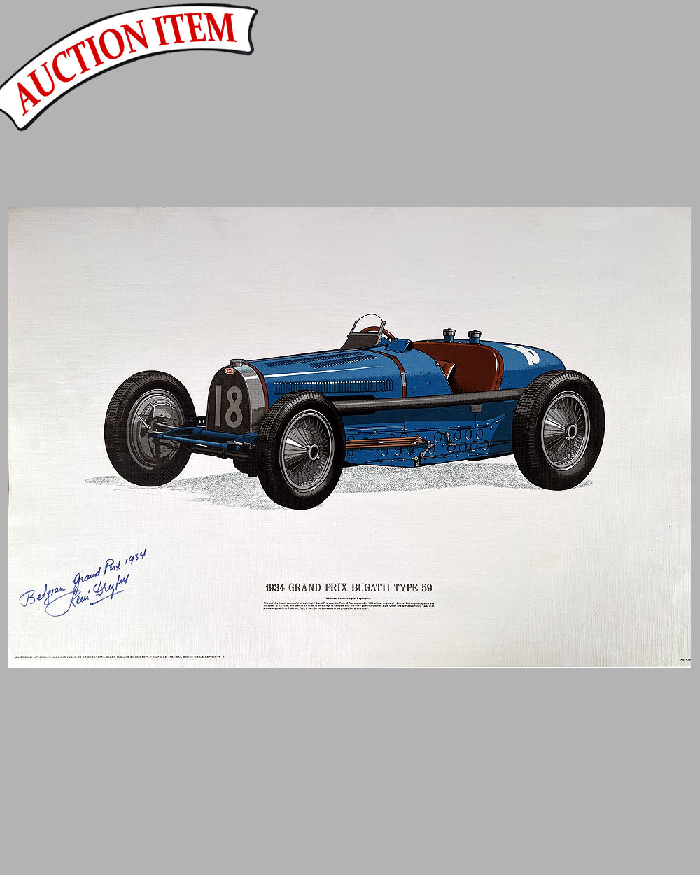 1934 Grand Prix Bugatti Type 59 print, autographed by Dreyfus