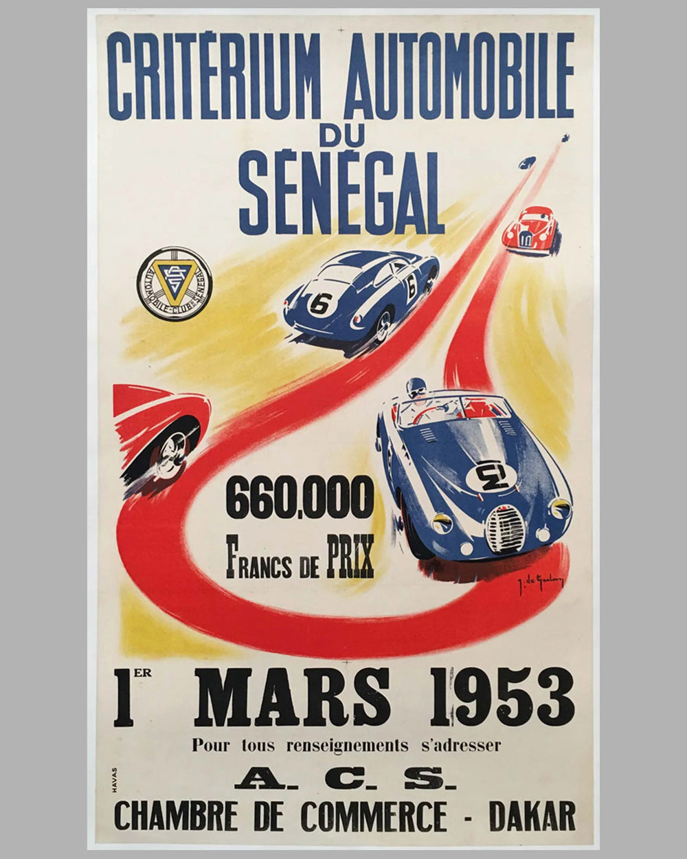 1953 Criterium Automobile du Sénégal original poster by Jean Des Gachons
