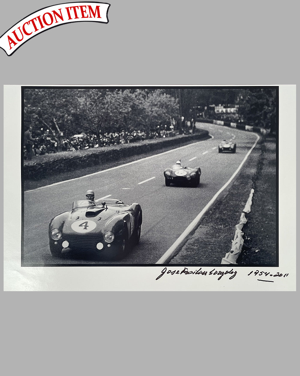 Jose Froilan Gonzalez in his Ferrari 375+ at the 24 Hours of Le Mans in 1954 autographed b&w photograph