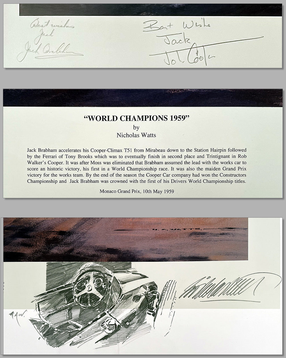 World Champion 1957 print by Nicholas Watts, autographed by Brabham and Cooper 3