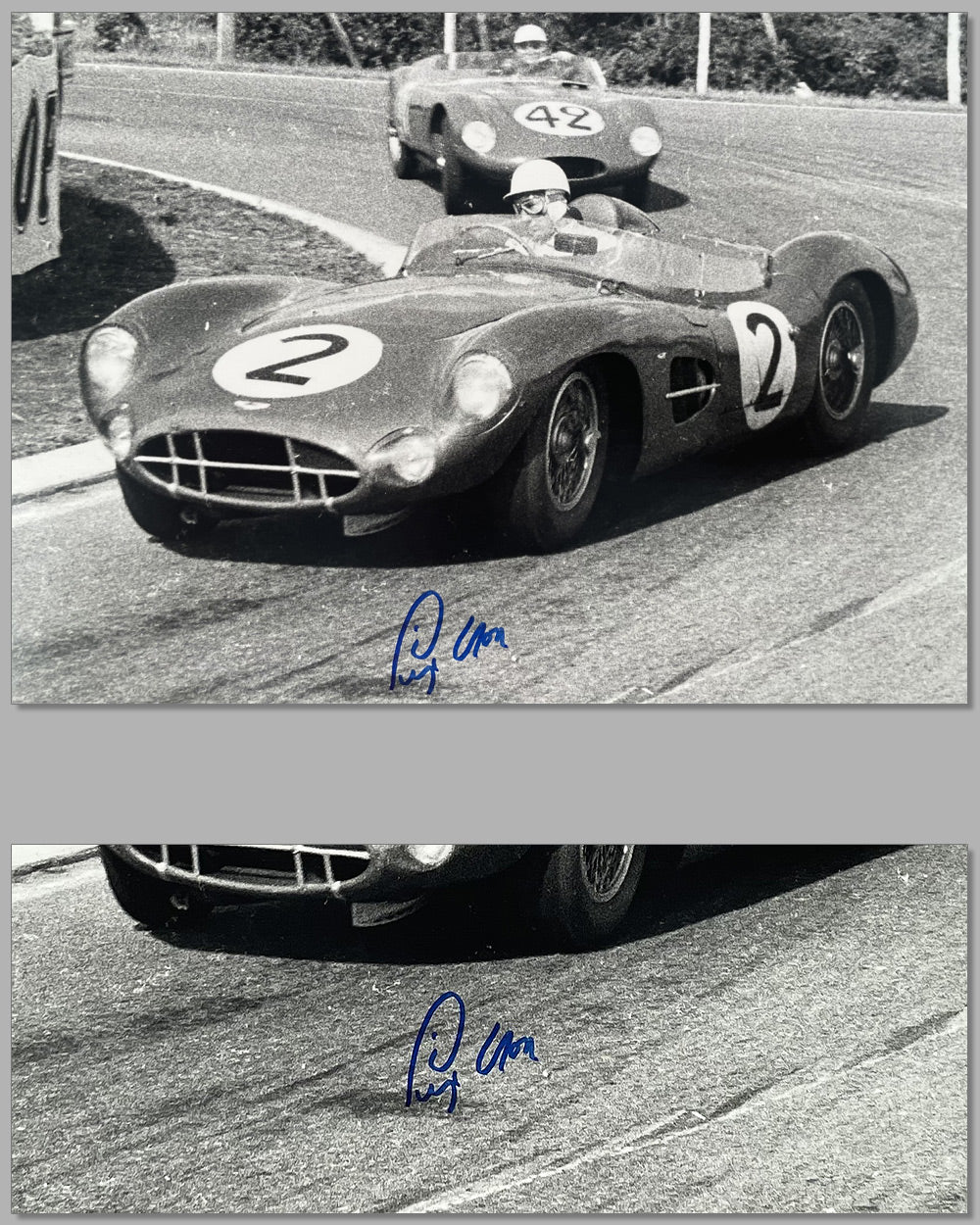 Stirling Moss piloting his Aston Martin DBR1 at Le Mans in 1958 b&w photograph, autographed by Moss 2