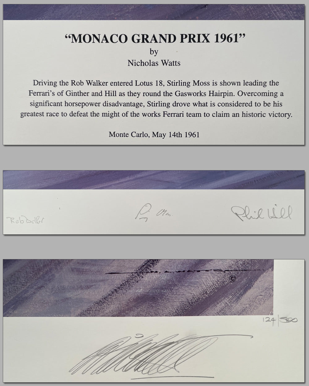 Monaco Grand Prix 1961 print by Nicholas Watts, autographed by Hill, Moss and Walker 3