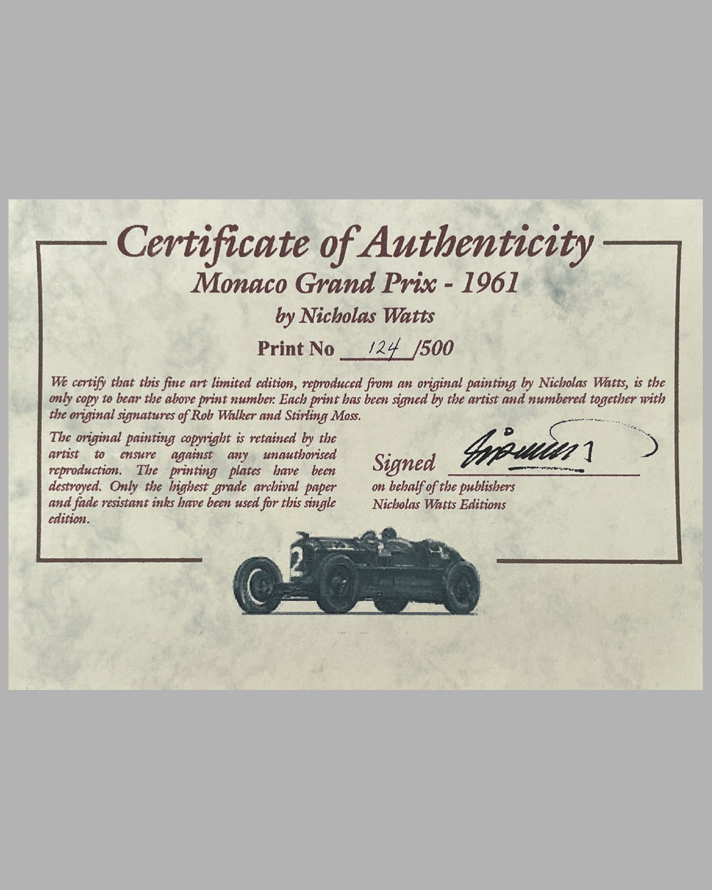 Monaco Grand Prix 1961 print by Nicholas Watts, autographed by Hill, Moss and Walker 4