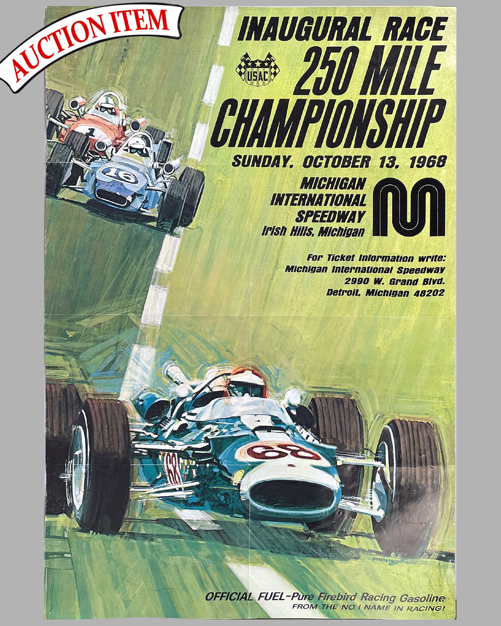 1968 USAC Indy Car Inaugural 250 race at Michigan Speedway original poster