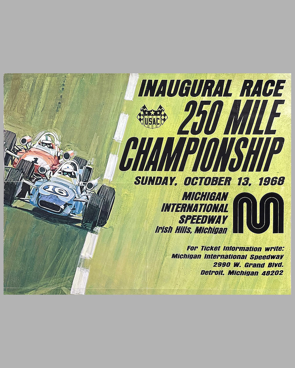 1968 USAC Indy Car Inaugural 250 race at Michigan Speedway original poster 2