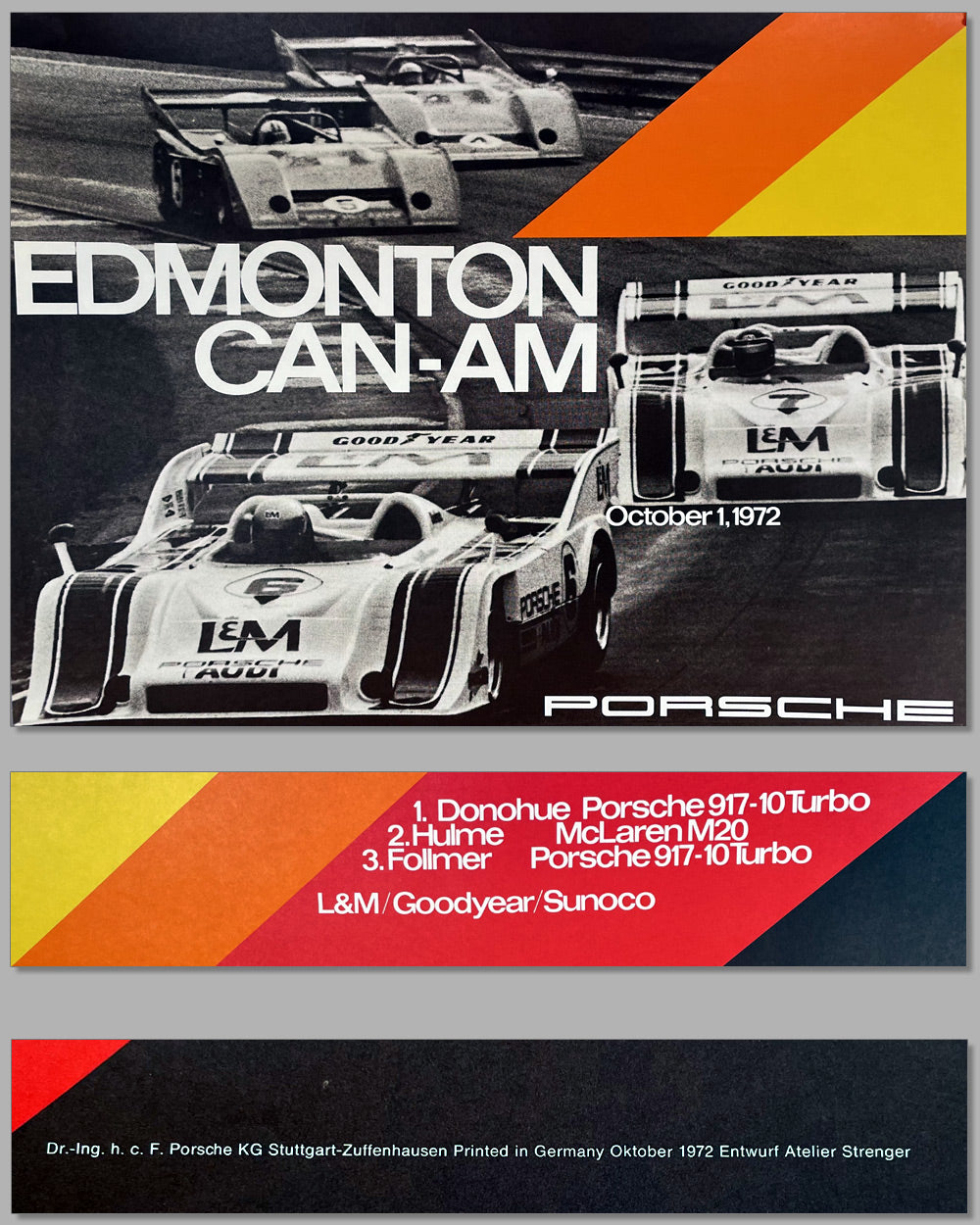 Porsche factory original victory poster highlighting their win at the 1972 Can Am race in Edmonton 2