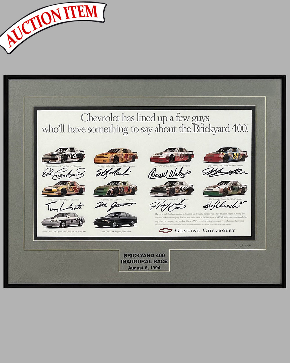 Brickyard 400 Inaugural Race ad copy, August 6, 1994, autographed by Jeff Gordon and 7 other drivers