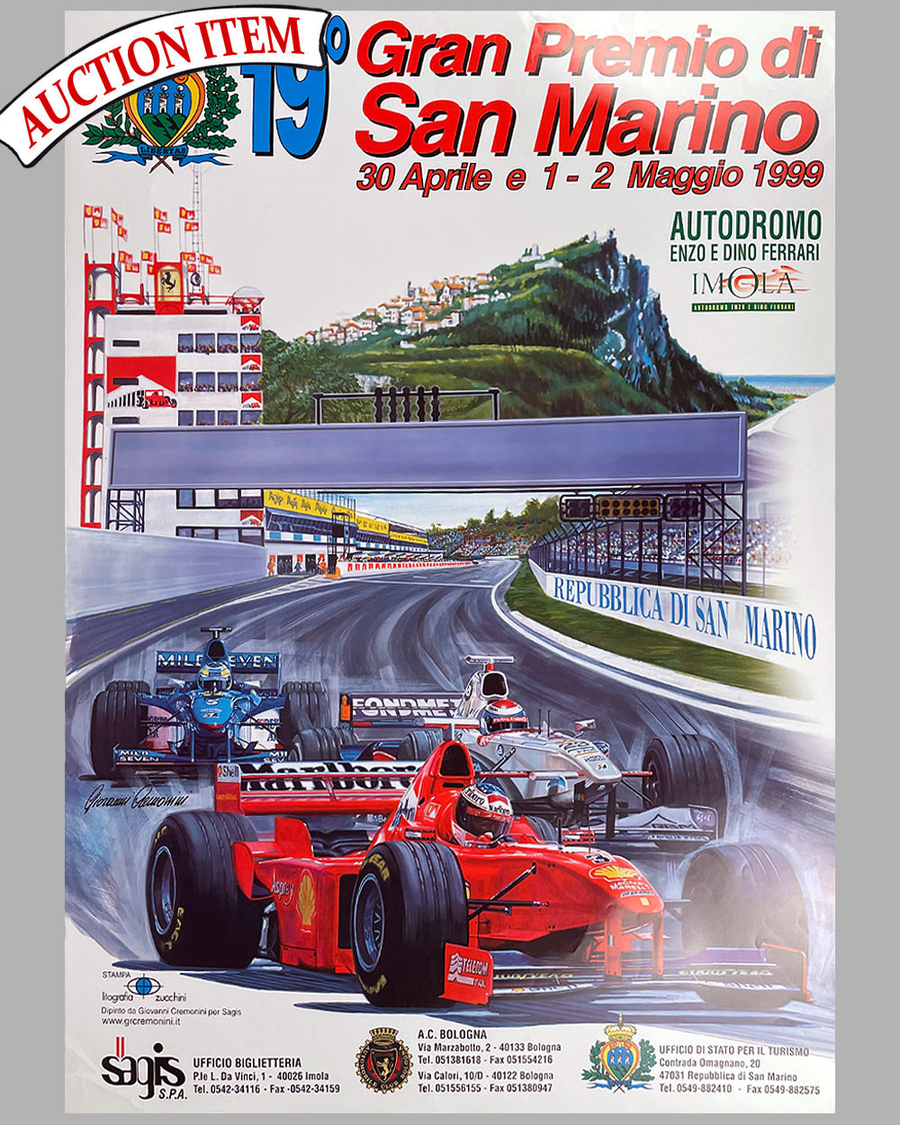 19th Grand Prix of San Marino at Imola official race poster by Giovanni Cremonini, 1999