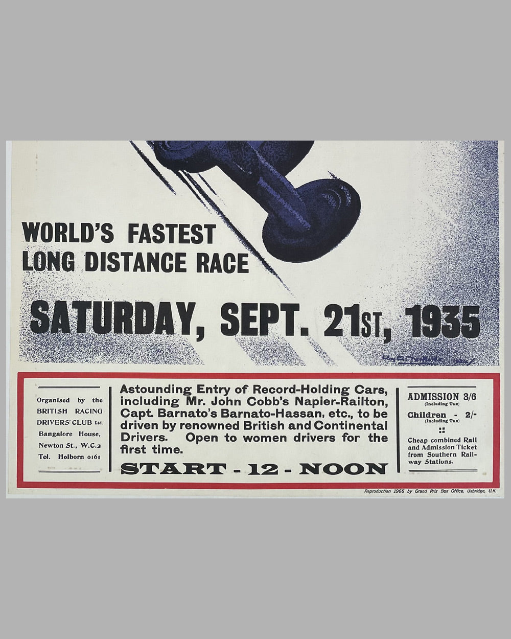 1935 Brooklands 500 official race poster by Roy Nockolds, reproduced in 1966 in the U.K. 3