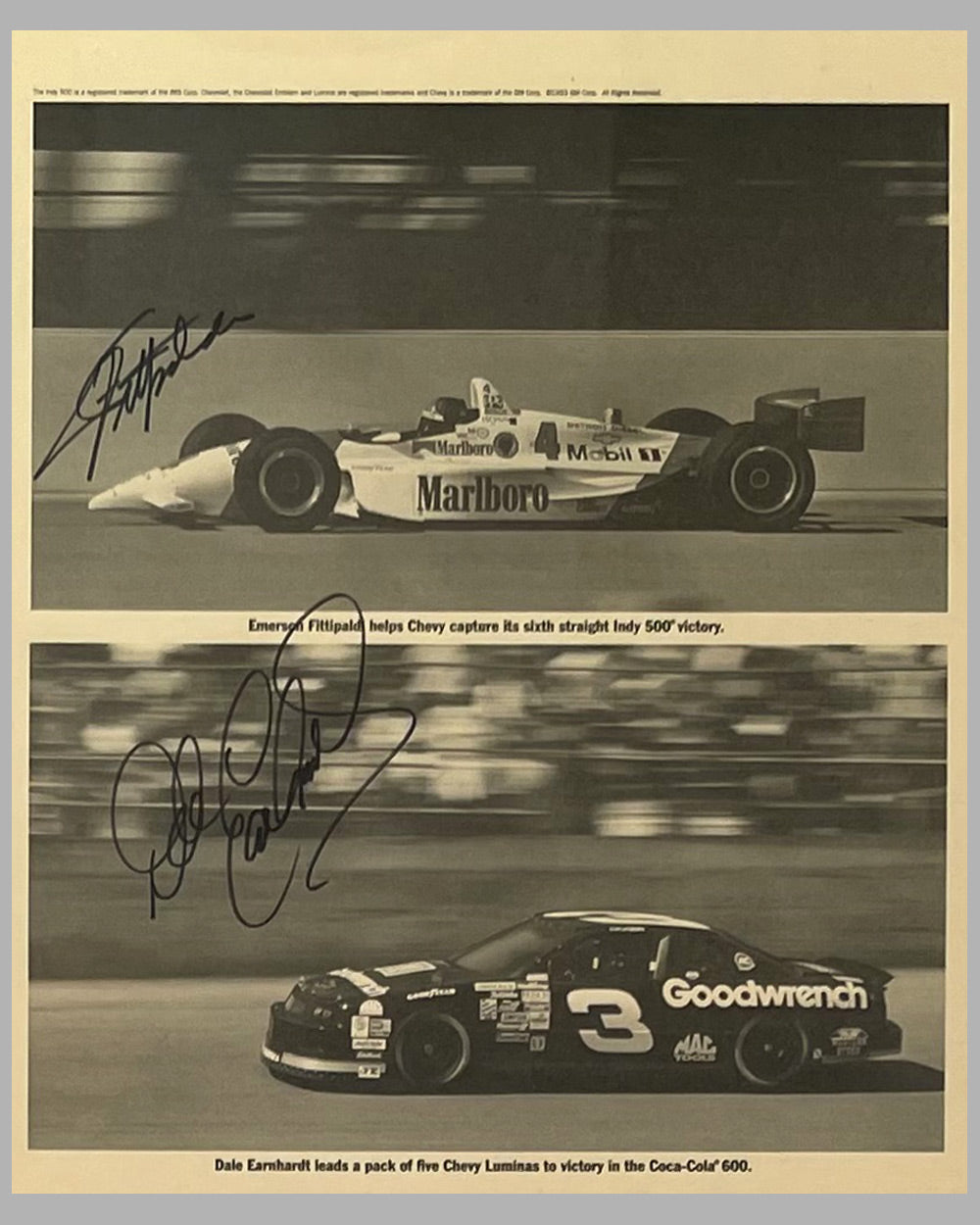 Chevrolet ad copy published in small quantity, autographed 2