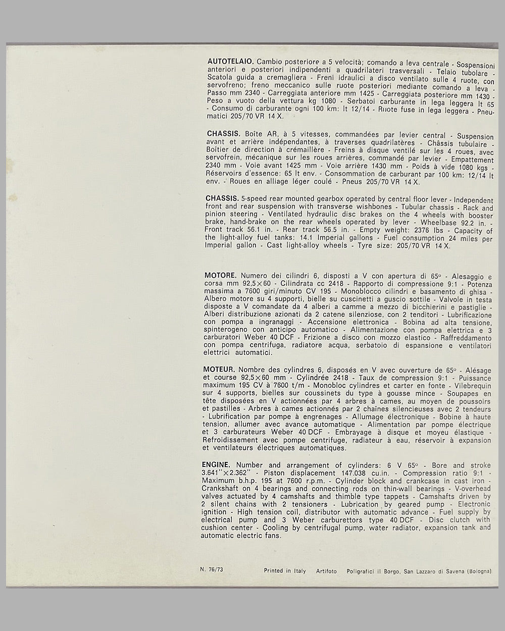Ferrari 246 Dino GTS factory sales brochure, 1973, #76/73 3