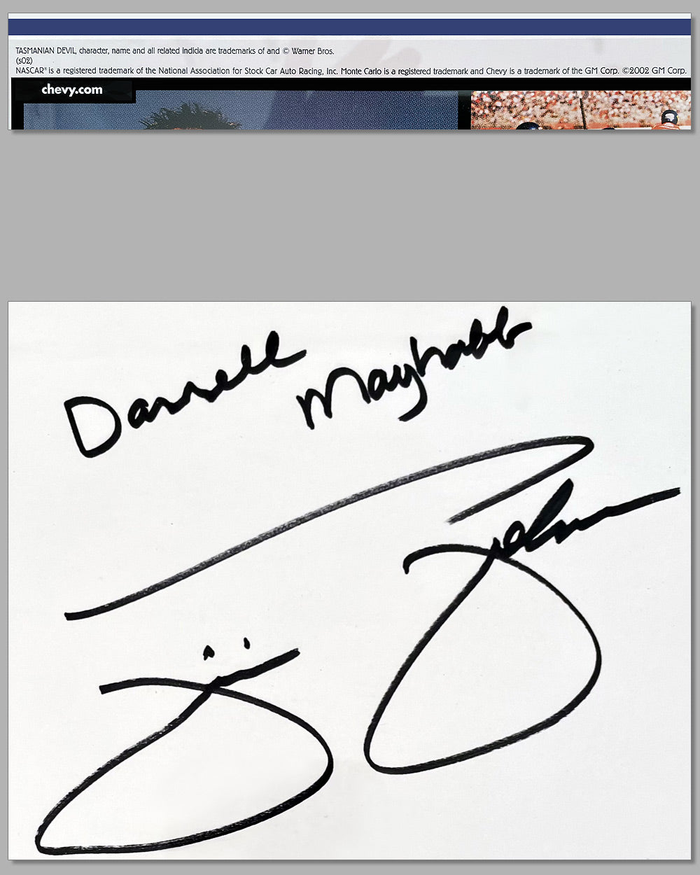 Ad copy produced by General Motors, autographed by Jimmie Johnson 4