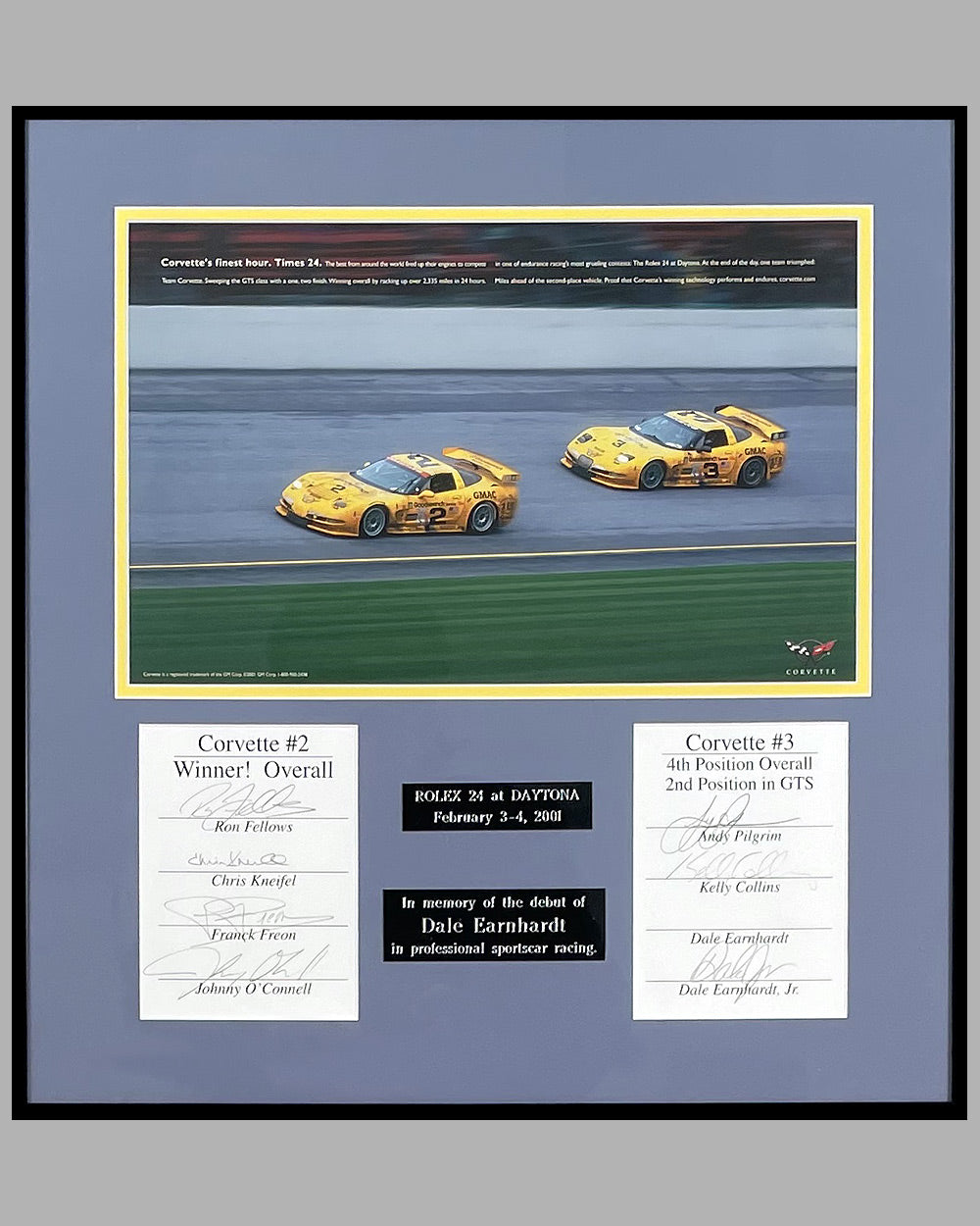 General Motors ad copy for the Corvette victory at the Rolex 24 at Daytona 2001, hand autographed by the drivers