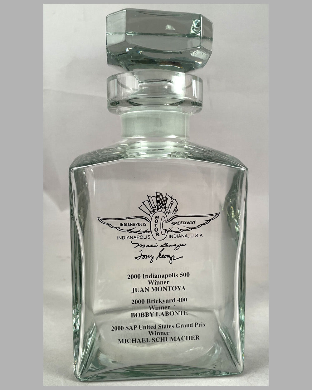 Set of Indianapolis Motor Speedway (IMS) whiskey glasses and decanter celebrating 3 wins in 2000 4
