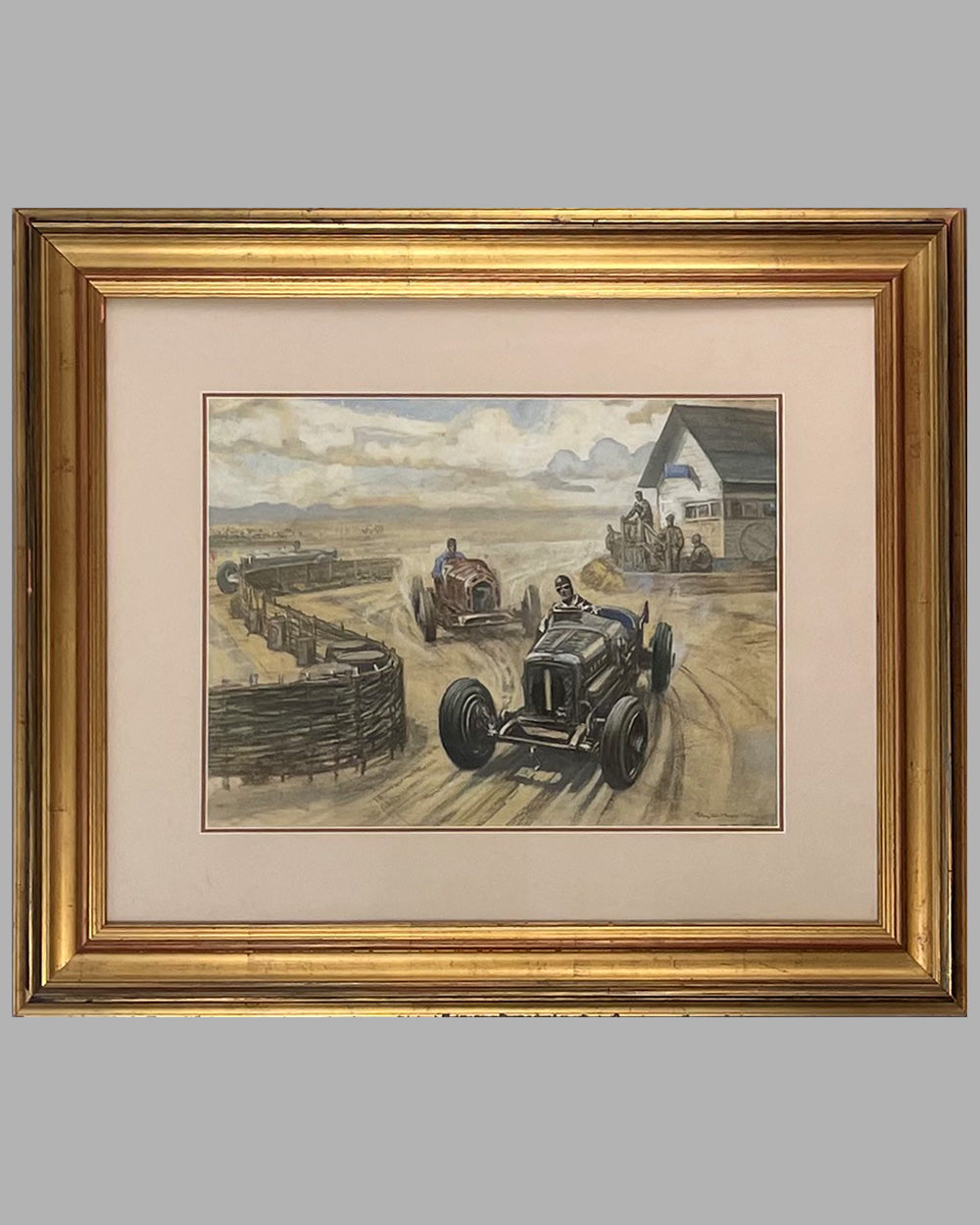 Aston Martin vs. Alfa Romeo Monza water color and gouache painting by Roy Nockolds, ca. 1930's