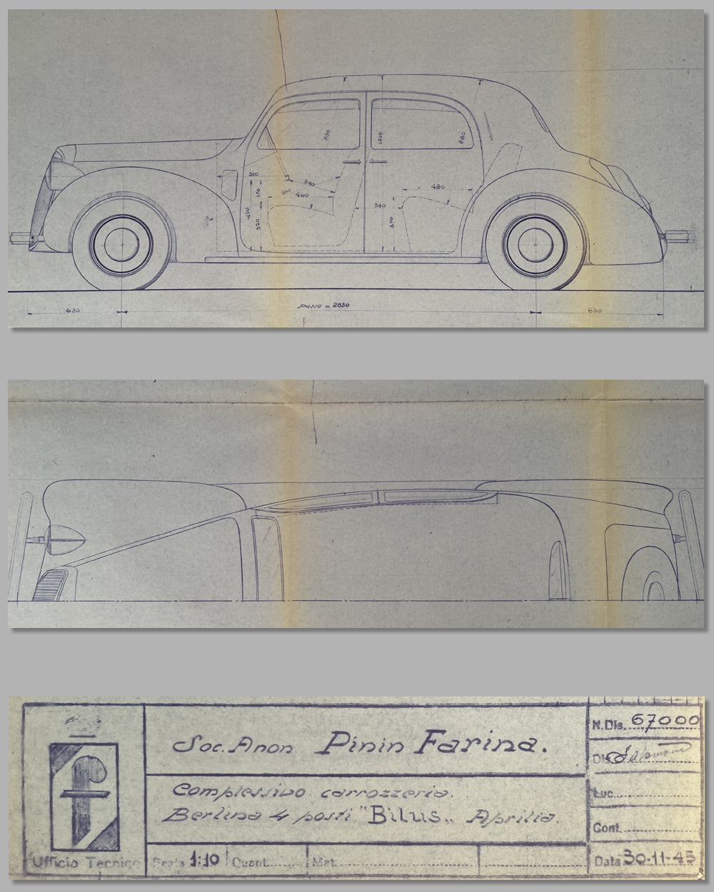 Pininfarina studio working blueprint of the 1945 Lancia Aprilia “Bilus” 2