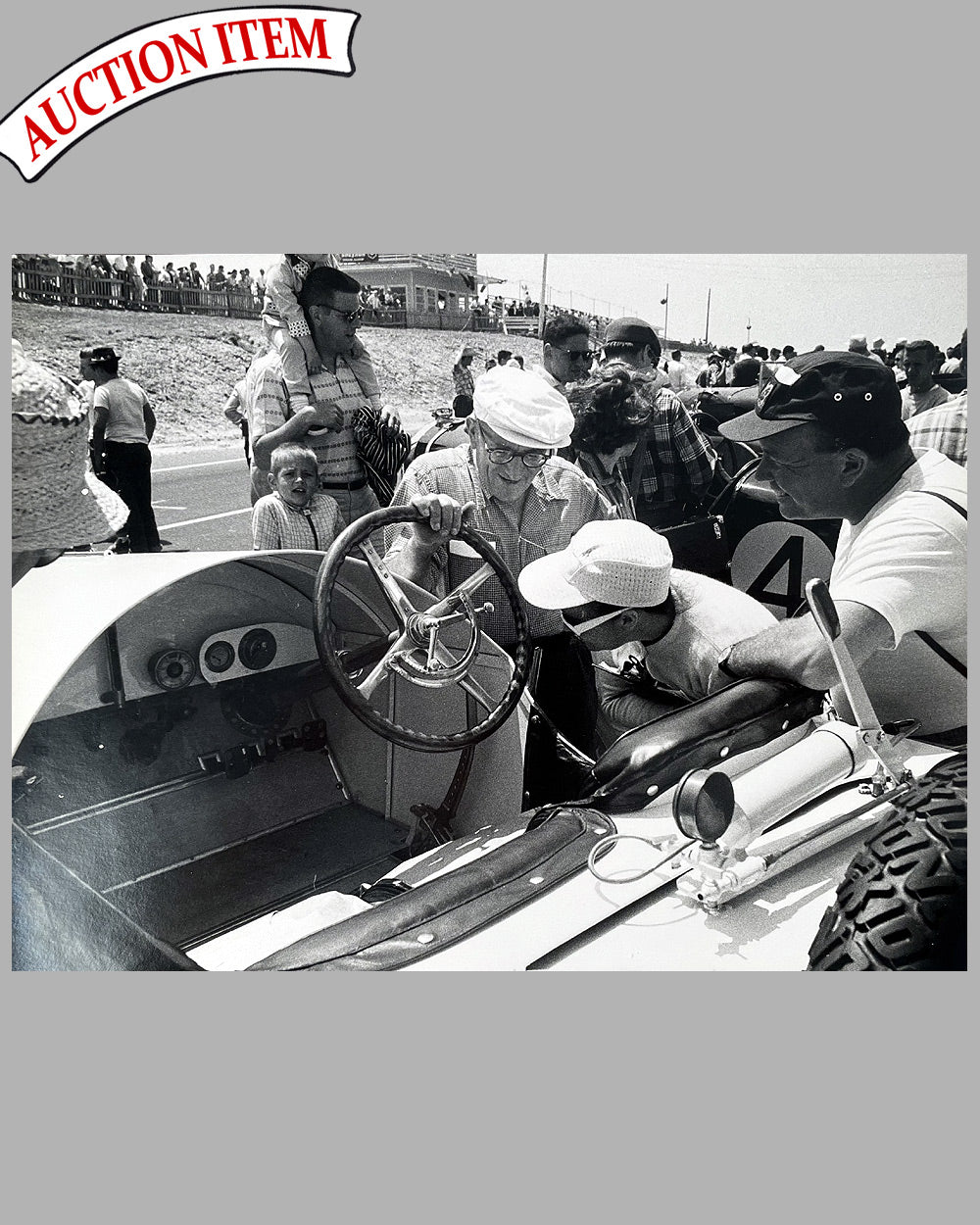 Alfred Momo and admirers with Briggs Cunningham’s Mercedes b&w photograph
