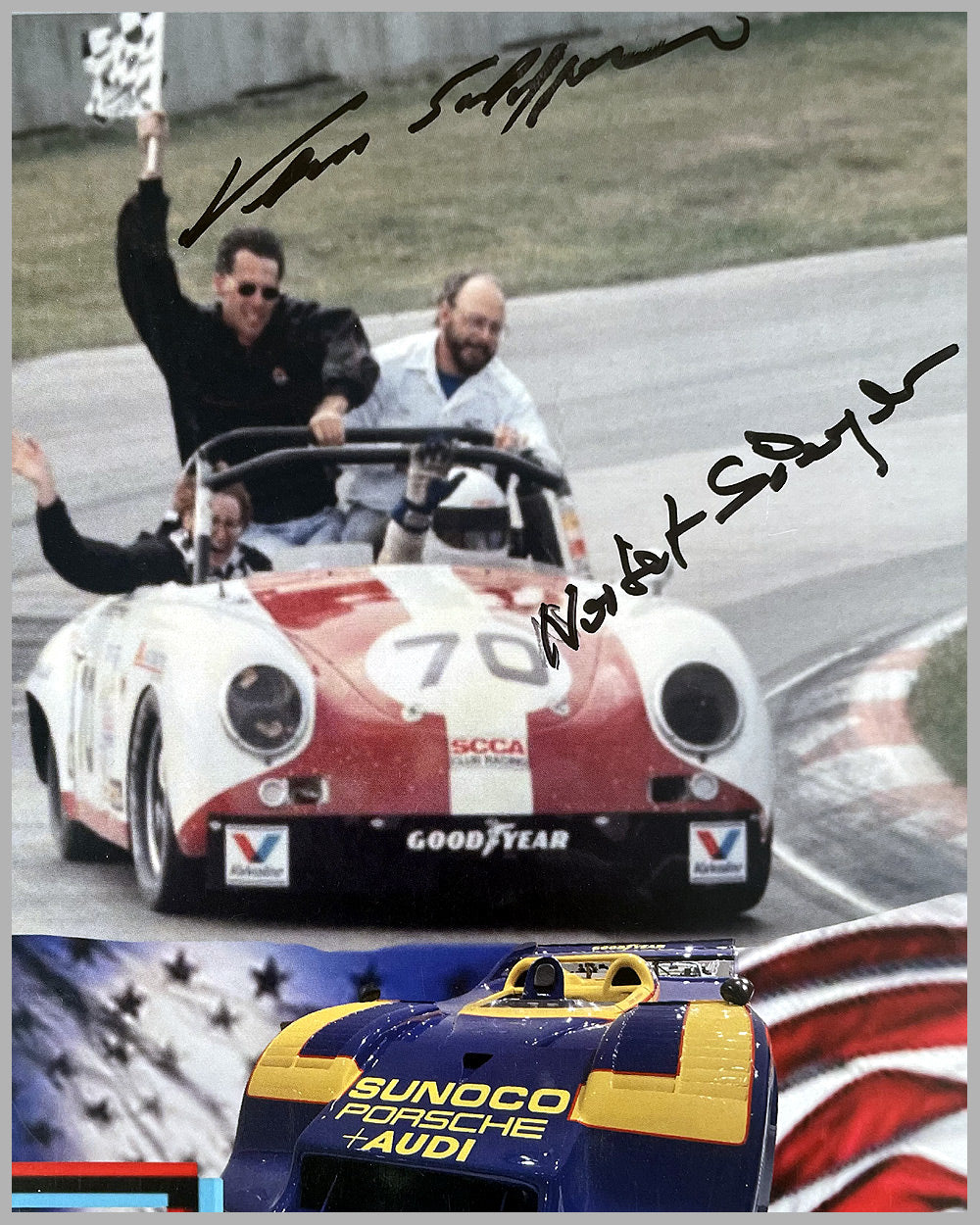 Porsche 75th Anniversary factory poster, autographed by 7 drivers 3