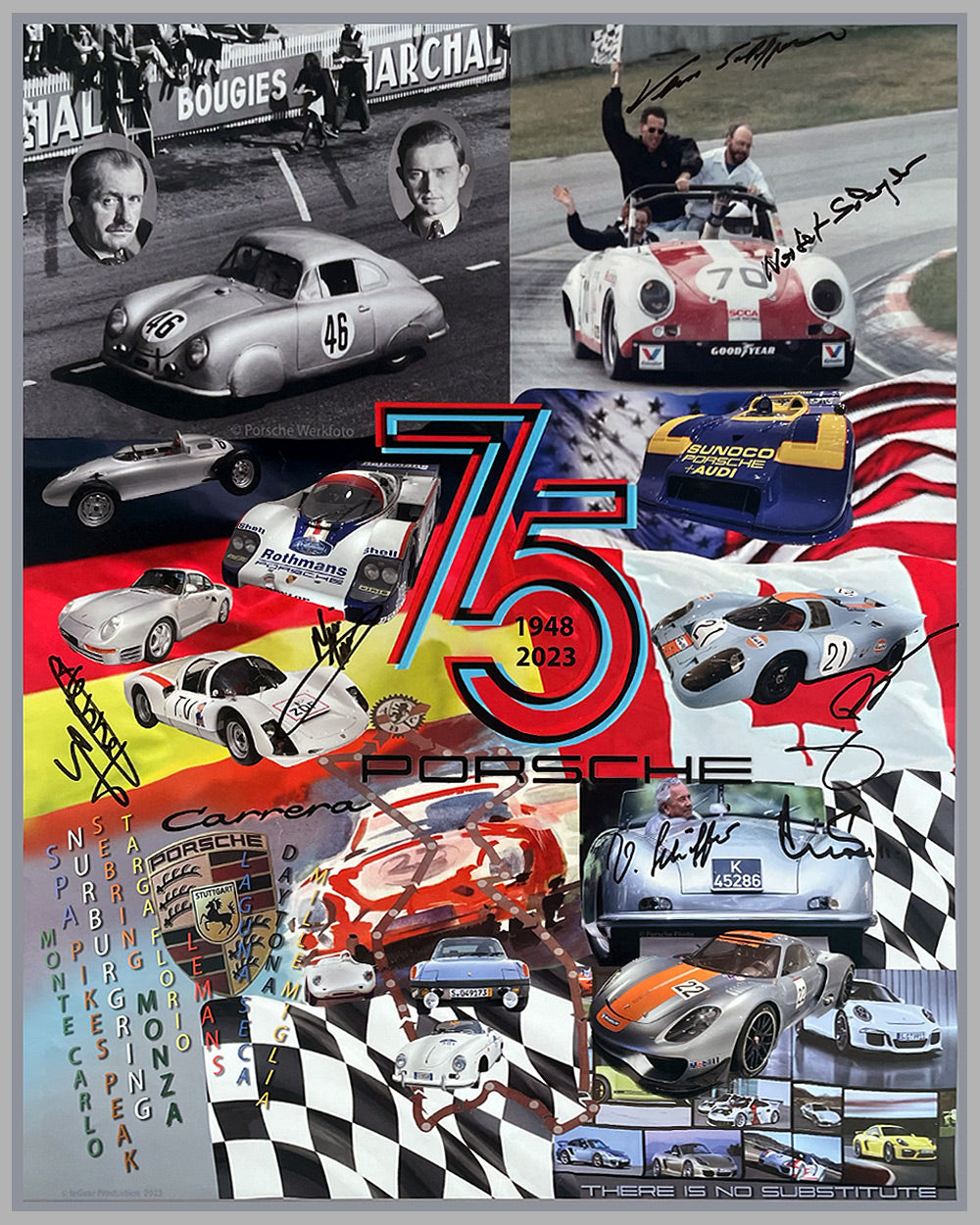 Porsche 75th Anniversary poster, autographed by 7 Porsche VIP's