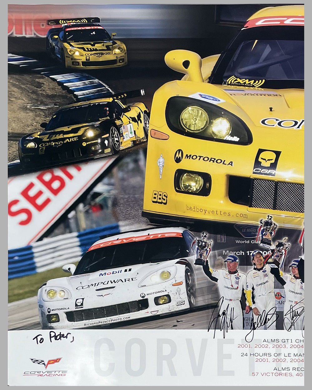 Corvette Racing poster produced by G.M., autographed by 5 drivers 2