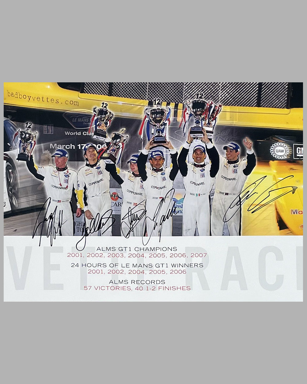 Corvette Racing poster produced by G.M., autographed by 5 drivers 4