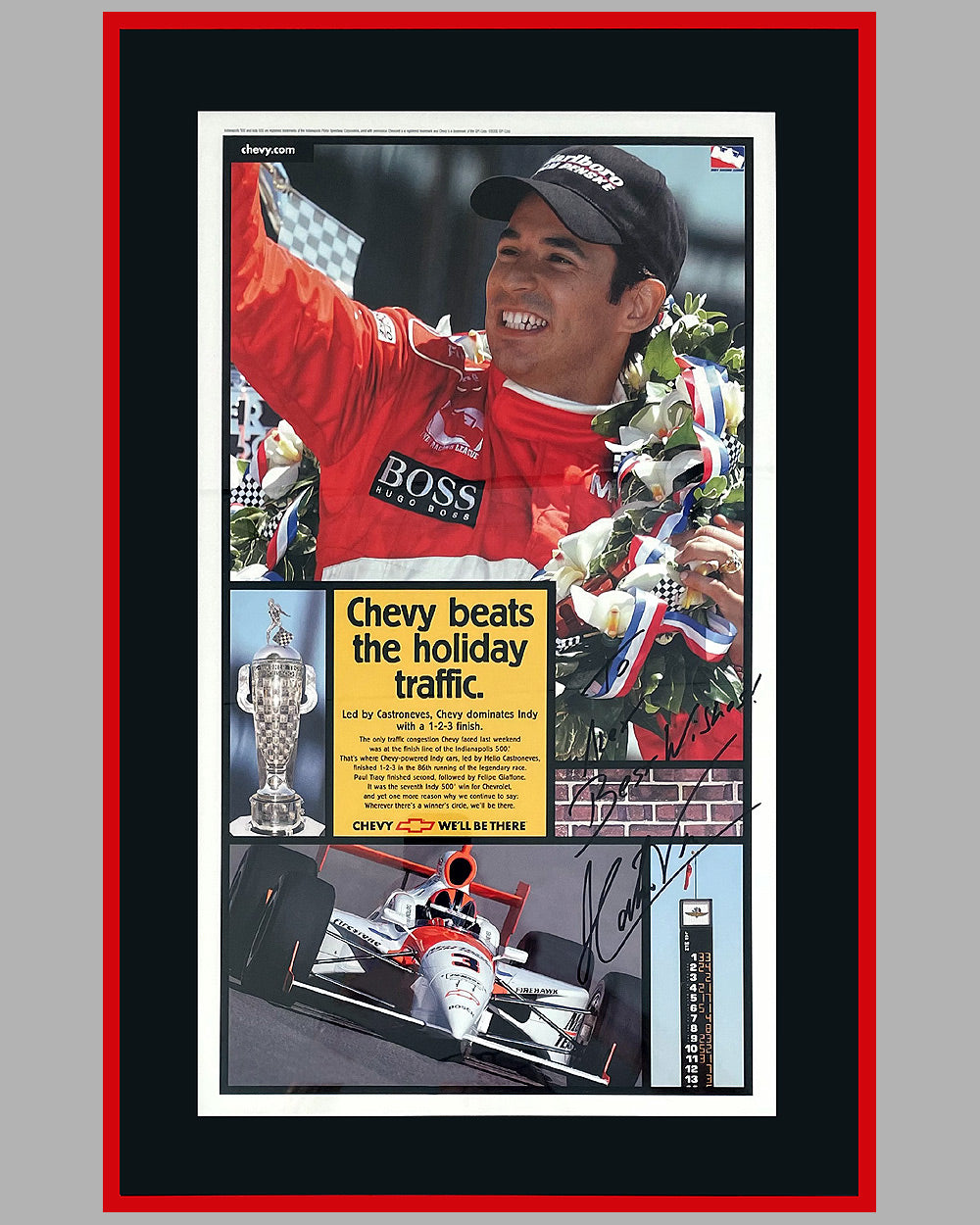 Chevrolet wins the 2001 Indy 500 ad copy, autographed by Helio Castroneves