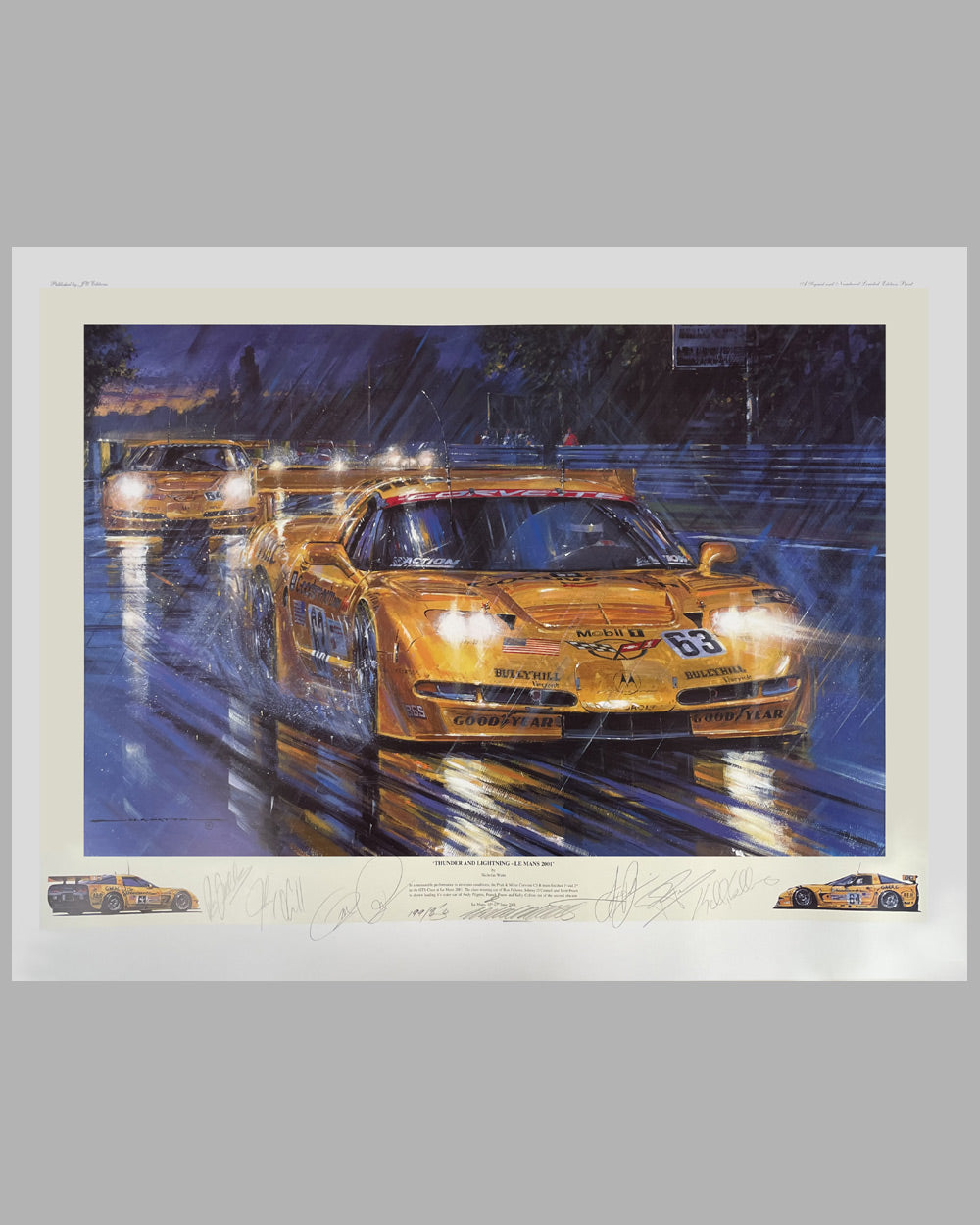 Thunder &amp; Lightning – Le Mans 2001 print by Nicholas Watts, autographed by 6 drivers