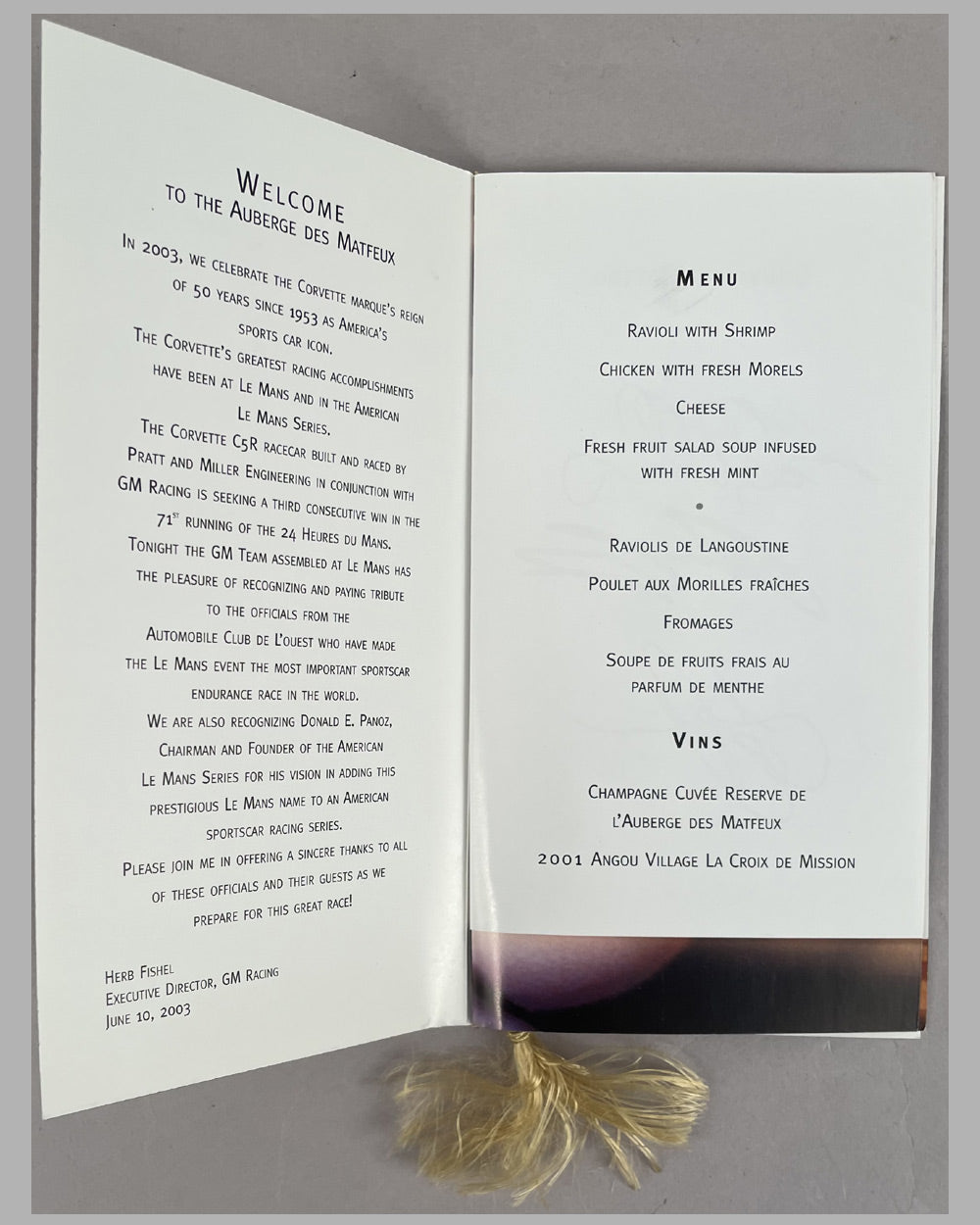 2003 General Motors 24 Hours of Le Mans Corvette Racing menu, autographed by 6 drivers 2