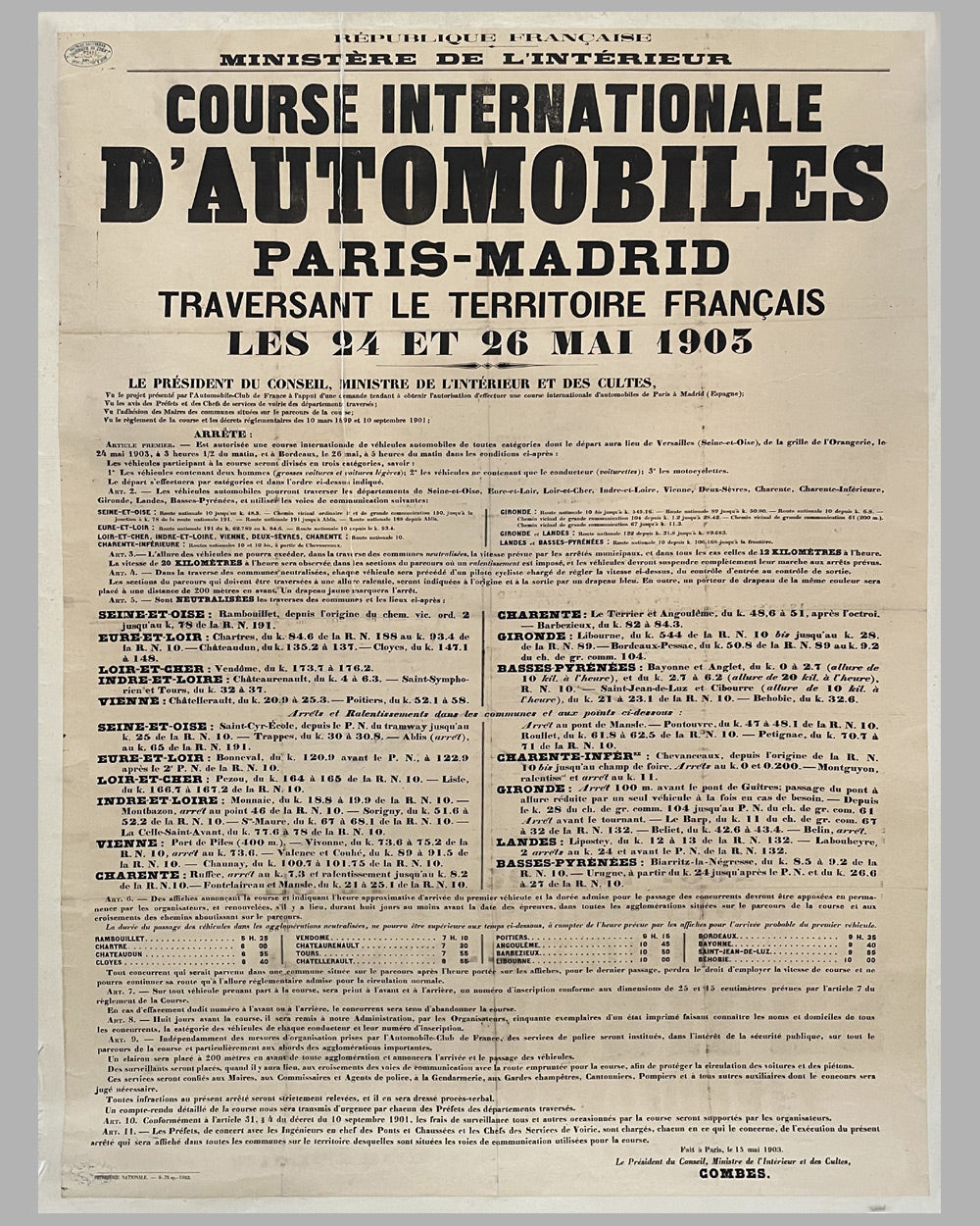 Course Internationale d’ Automobiles original race poster - Paris to Madrid