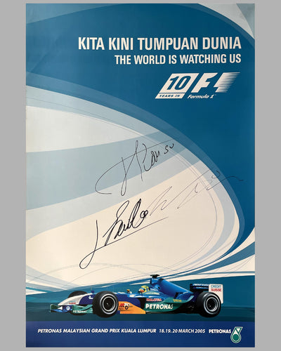 2005 Malaysian Grand Prix official poster, autographed by 3 drivers who made it to the podium