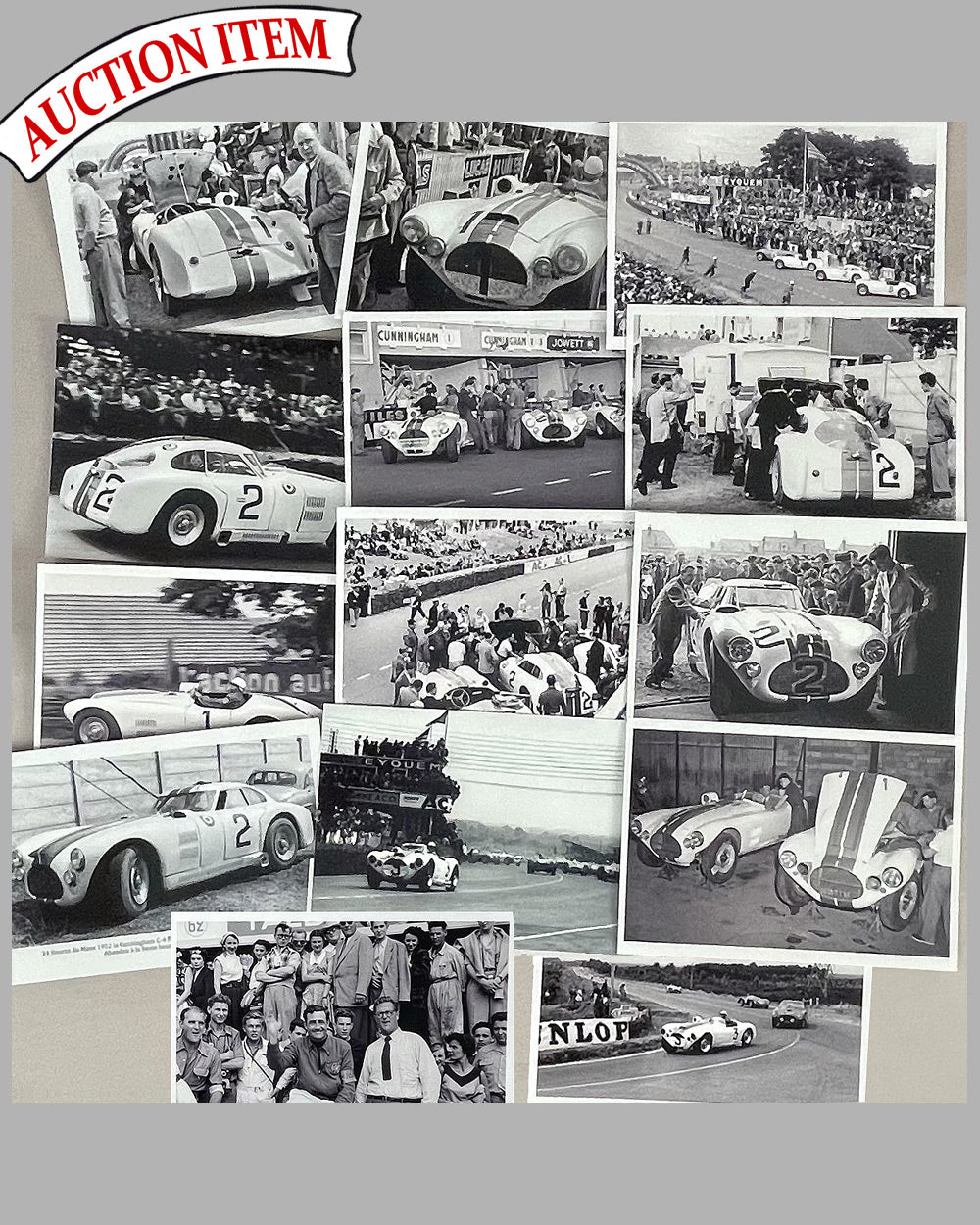 Collection of 14 b&amp;w photographs of Cunningham cars at Le Mans in 1952