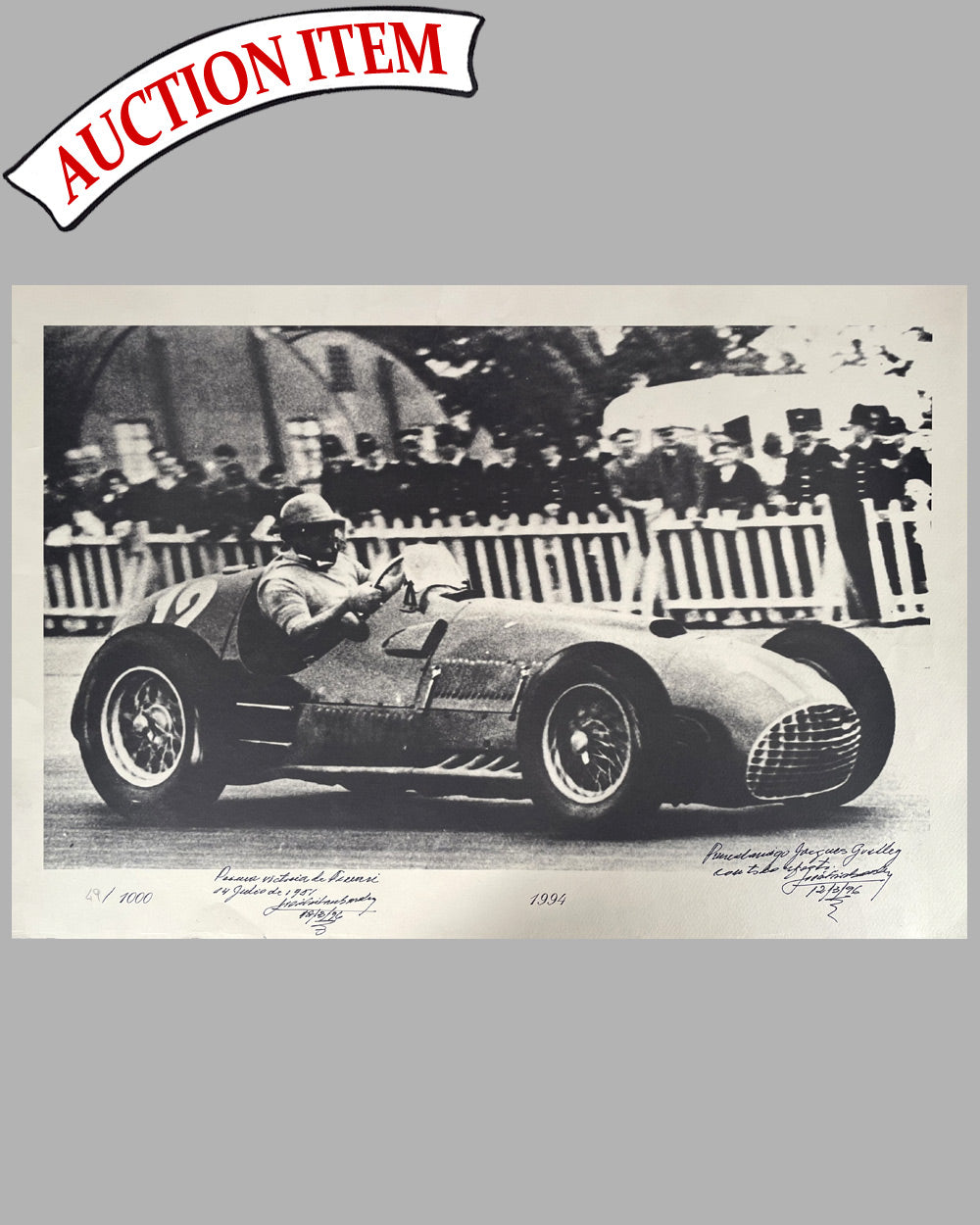 First Ferrari Grand Prix victory, July 1951 b&amp;w photograph, autographed by José Froilán González