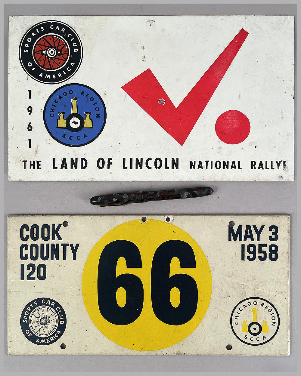 Two Chicago Region SCCA rally plaques, 1958 &amp; 1961