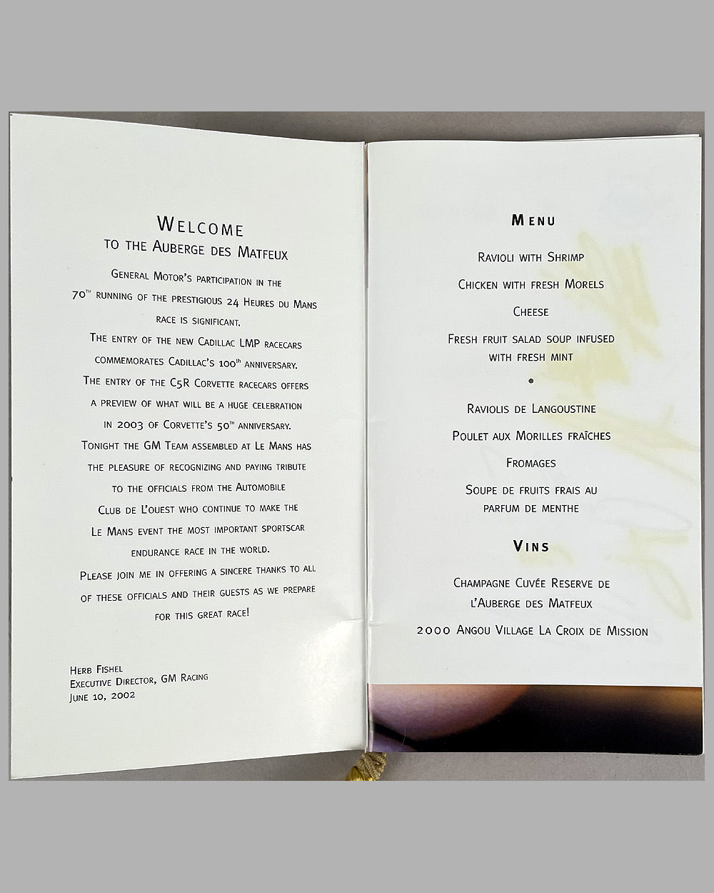 2002 Le Mans menu, hand autographed by 12 drivers 2