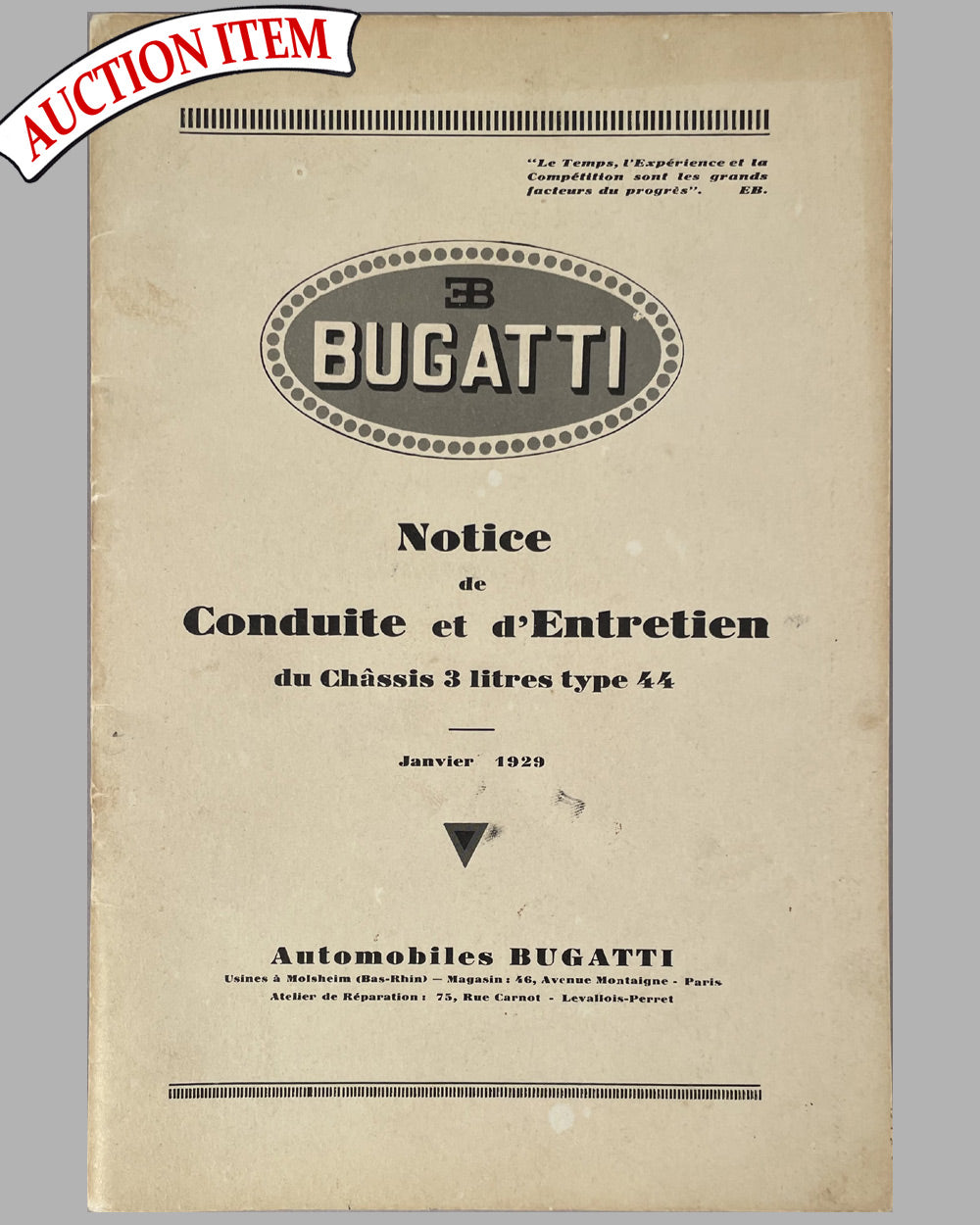 Bugatti Notice de Conduite et d’Entretien factory owner’s manual, 1929