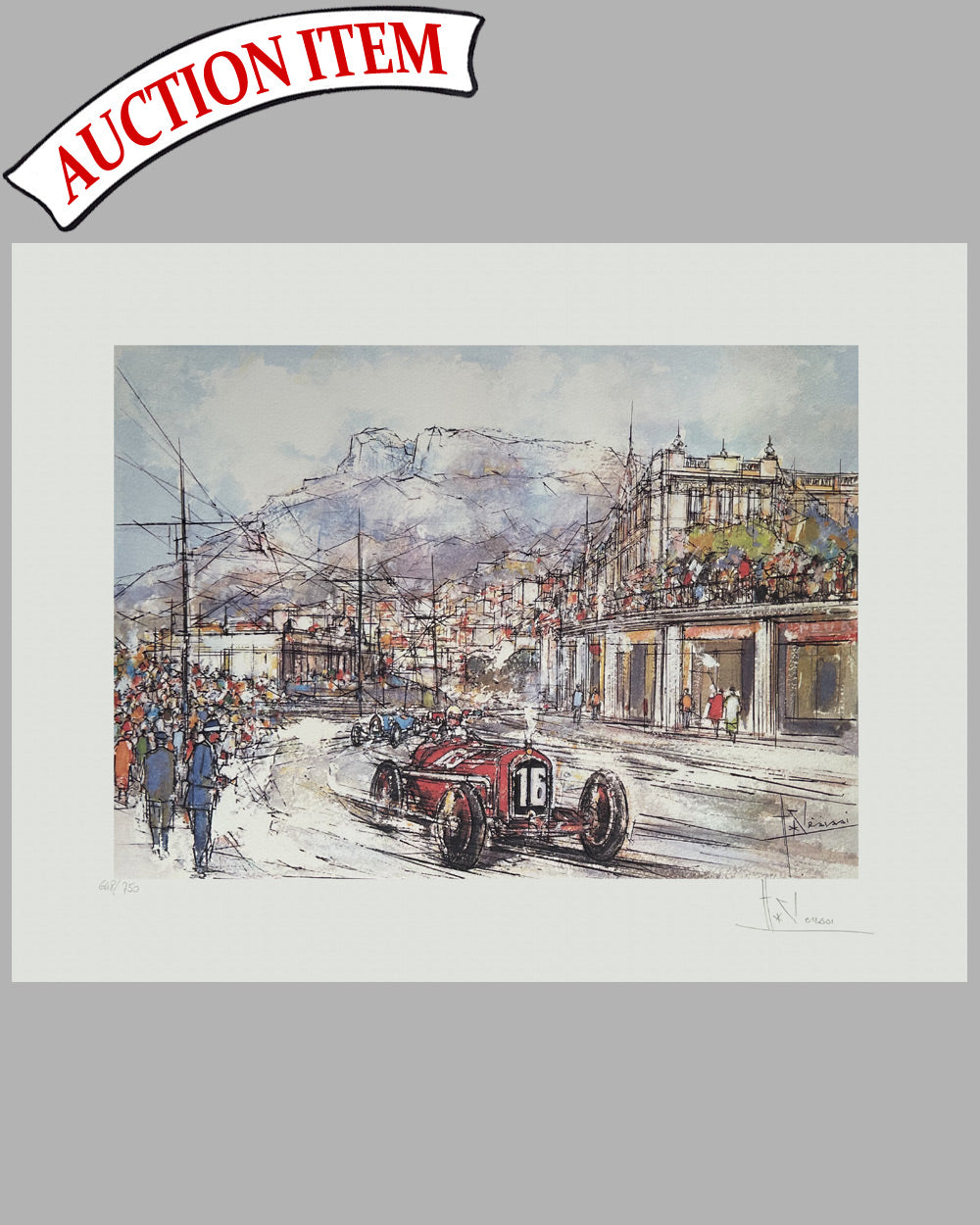 1929 Grand Prix of Monaco lithograph by Hubert Clerissi, the local Monaco artist