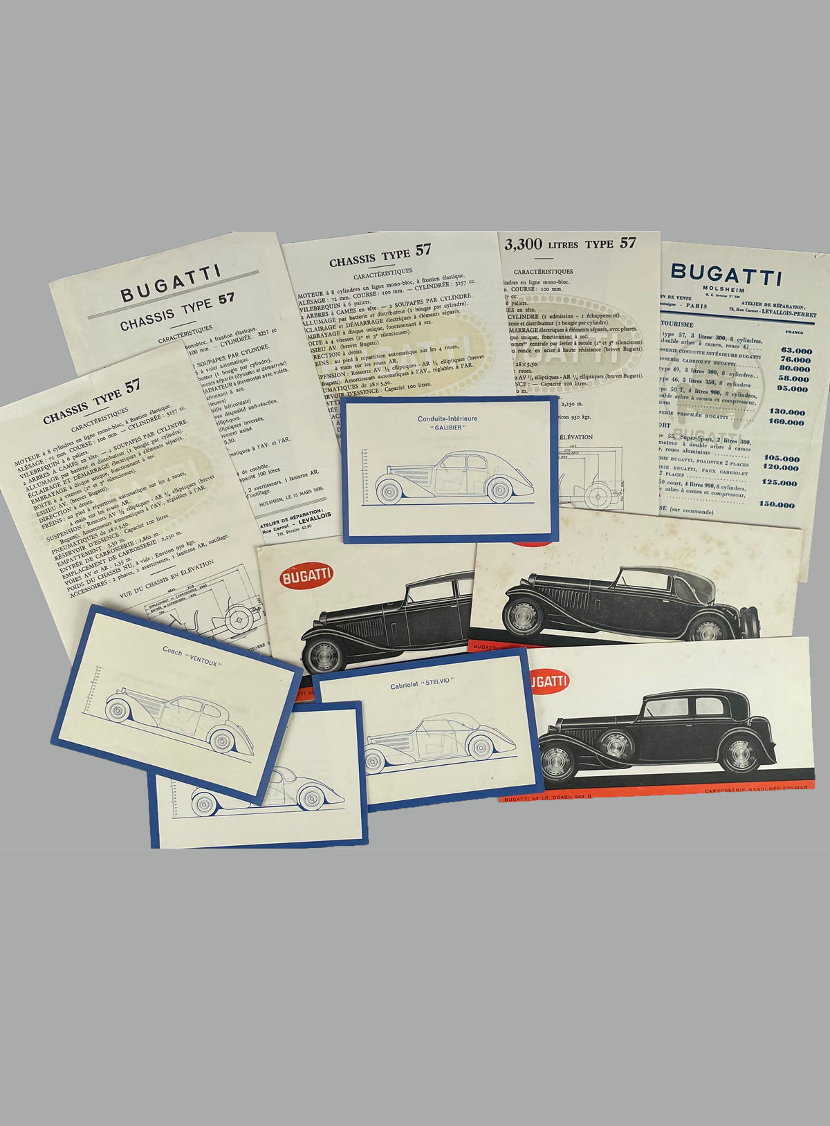 12 Bugatti original factory Type 57 publications, 1933