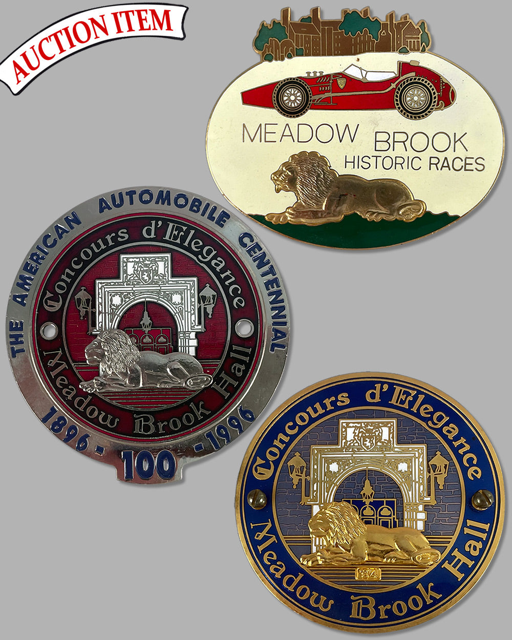 Three Meadowbrook Concours d’ Elegance and historic races grill badges