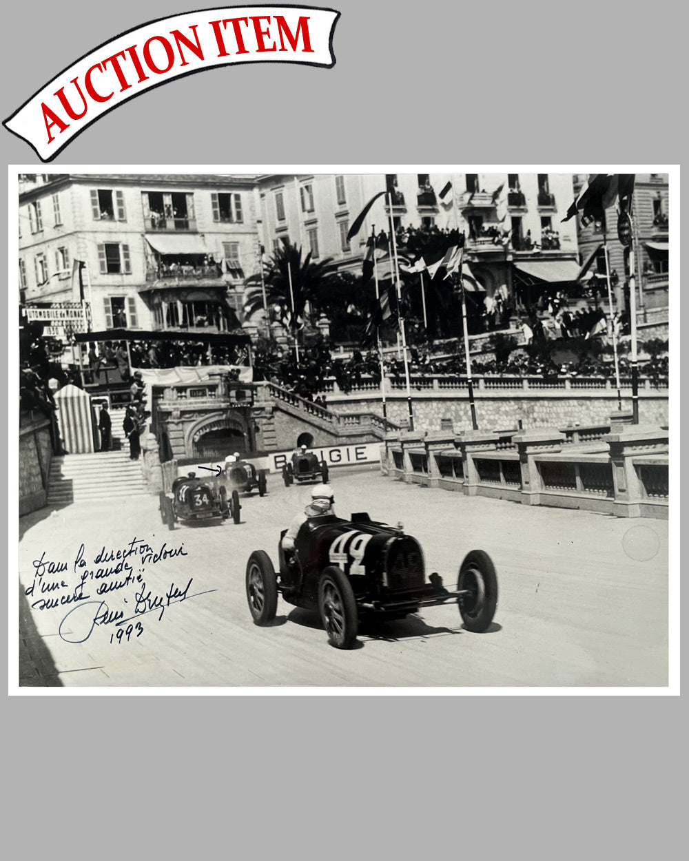 Grand Prix of Monaco 1930 b&w photograph, autographed by Dreyfus