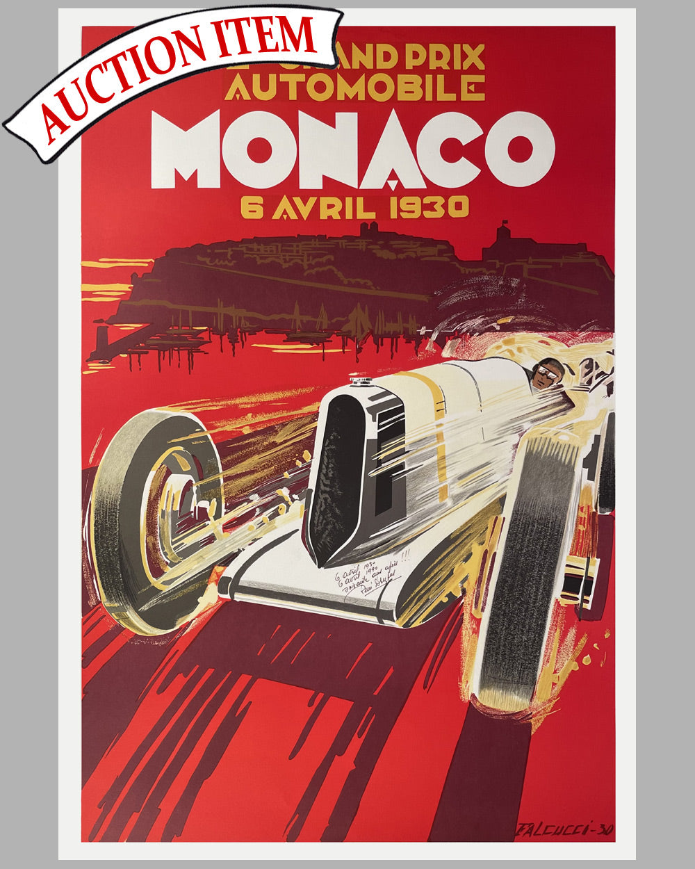 1930 Grand Prix of Monaco reproduction poster by Falcucci, autographed by Dreyfus