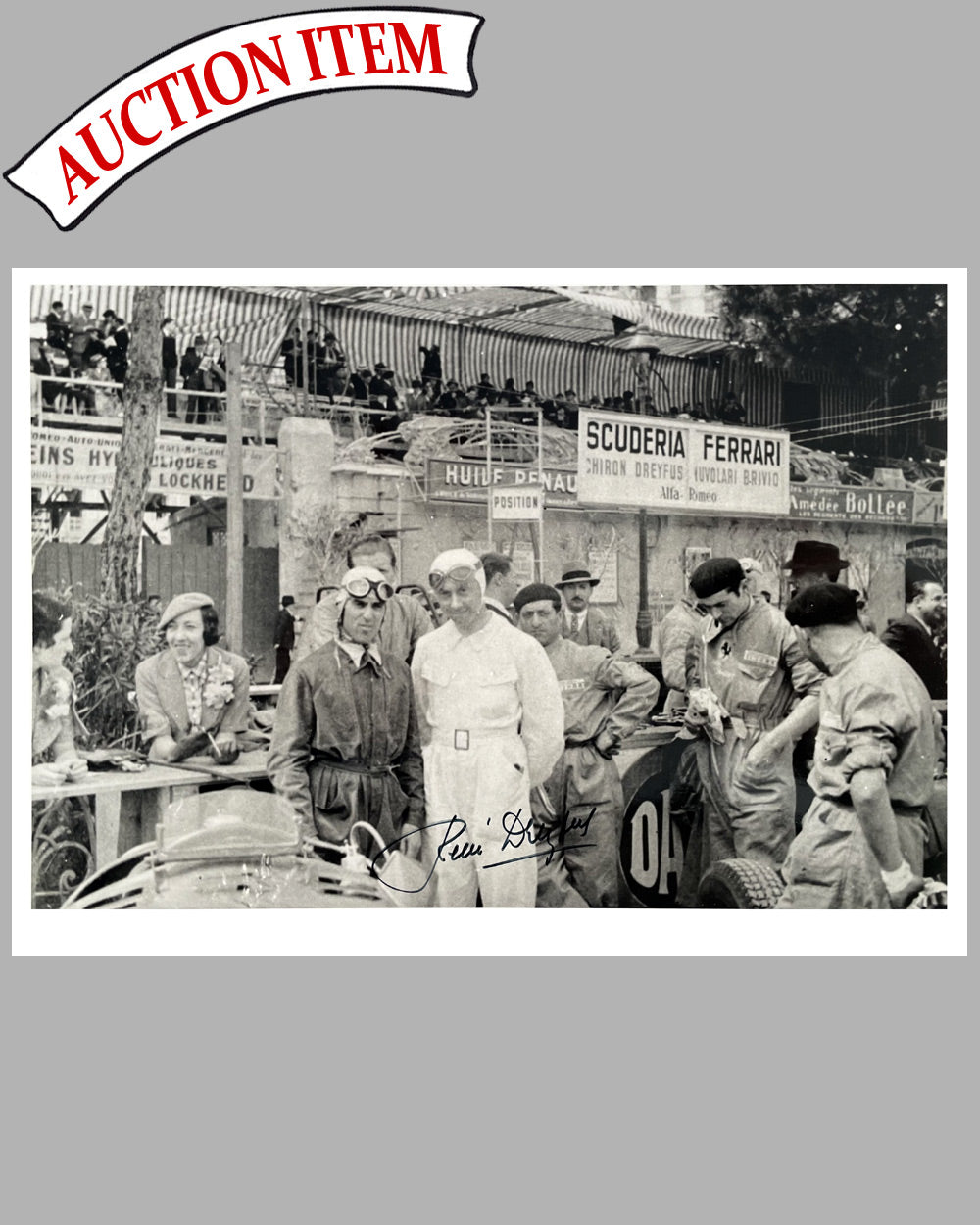 Grand Prix of Monaco 1935 b&w photograph, autographed by Dreyfus