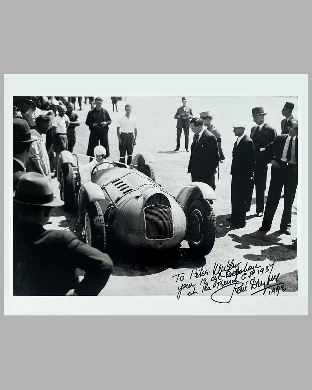 1937 French Grand Prix b&w photograph, autographed by Dreyfus