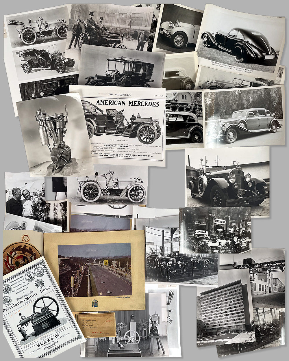 A collection of 37 b&amp;w photos from the Mercedes Benz factory and museum