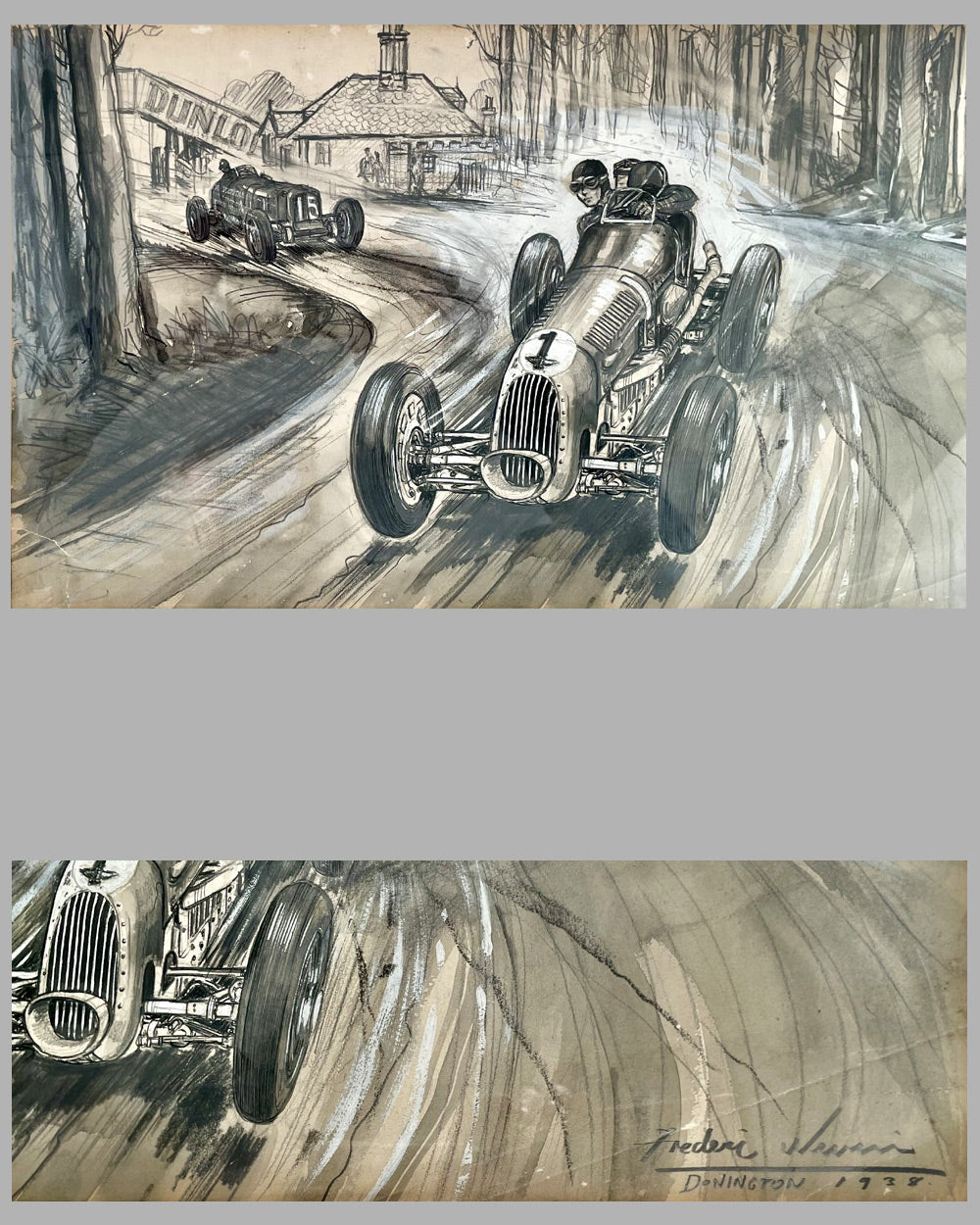 1938 British Empire Trophy race watercolor on paper painting by Frederic Nevin for the Motor Magazine 2