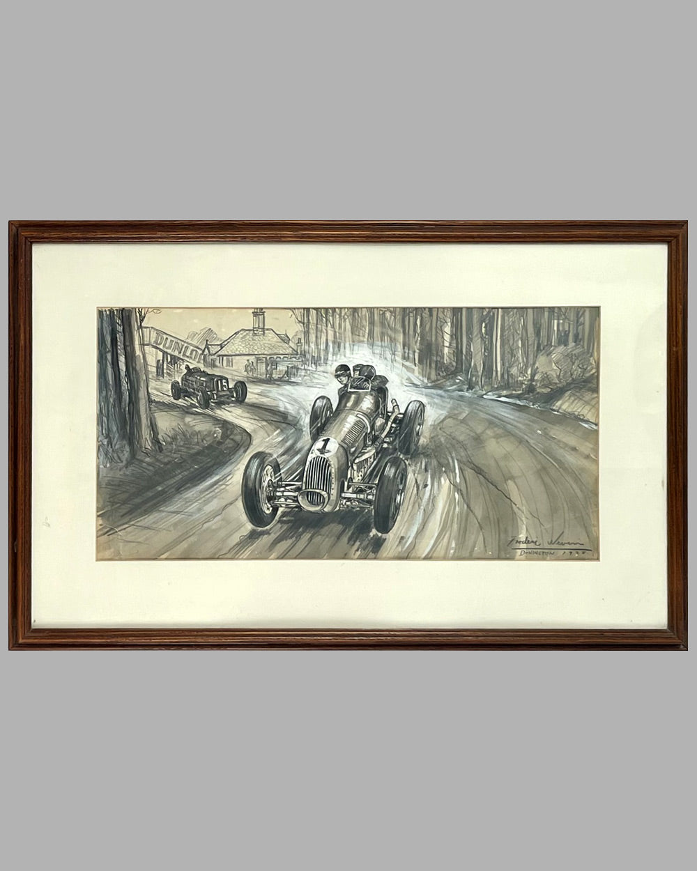1938 British Empire Trophy race watercolor on paper painting by Frederic Nevin for the Motor Magazine