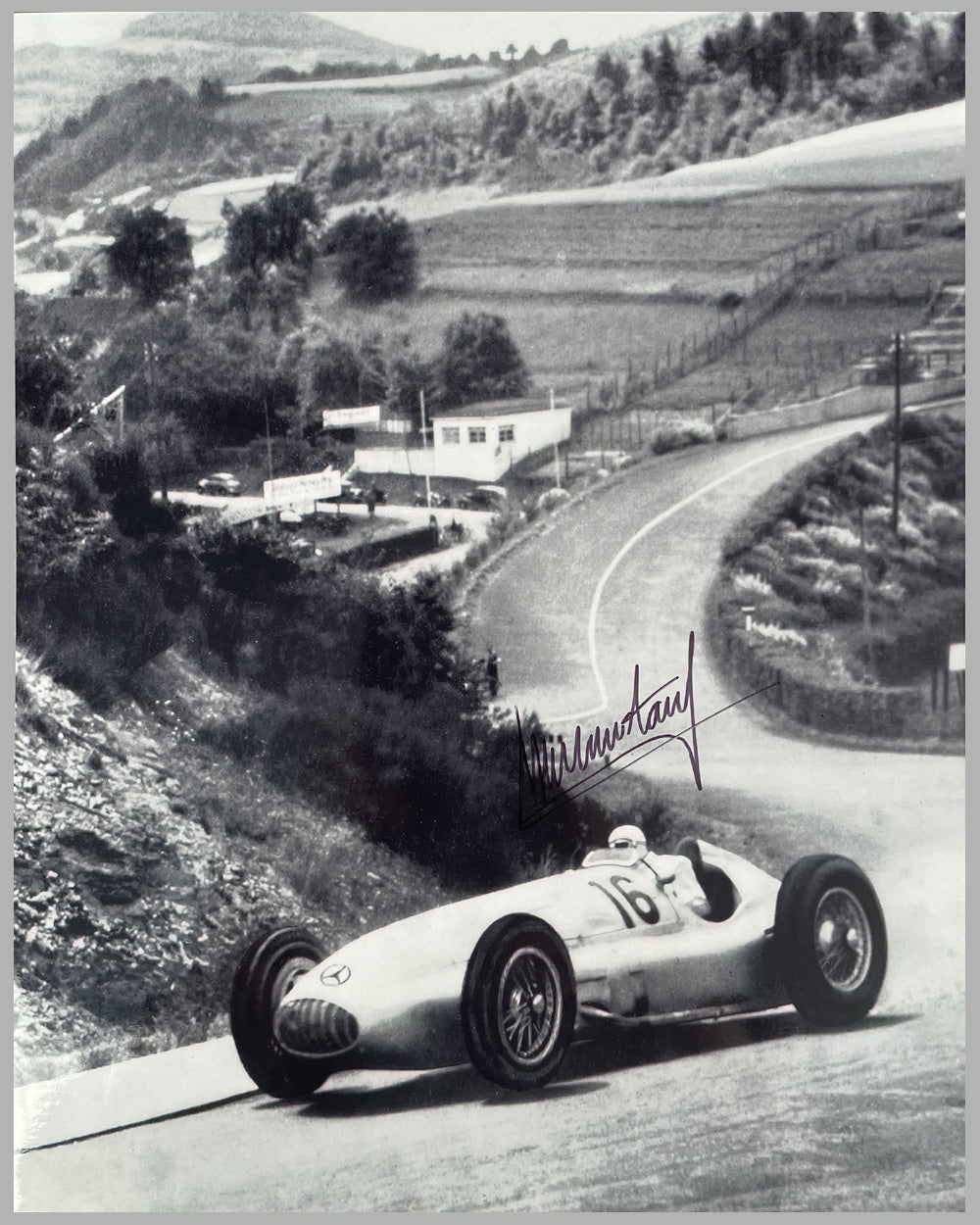 Hermann Lang winning the 1939 Grand Prix of Nurburgring autographed b&amp;w photograph by Fernando Gomez