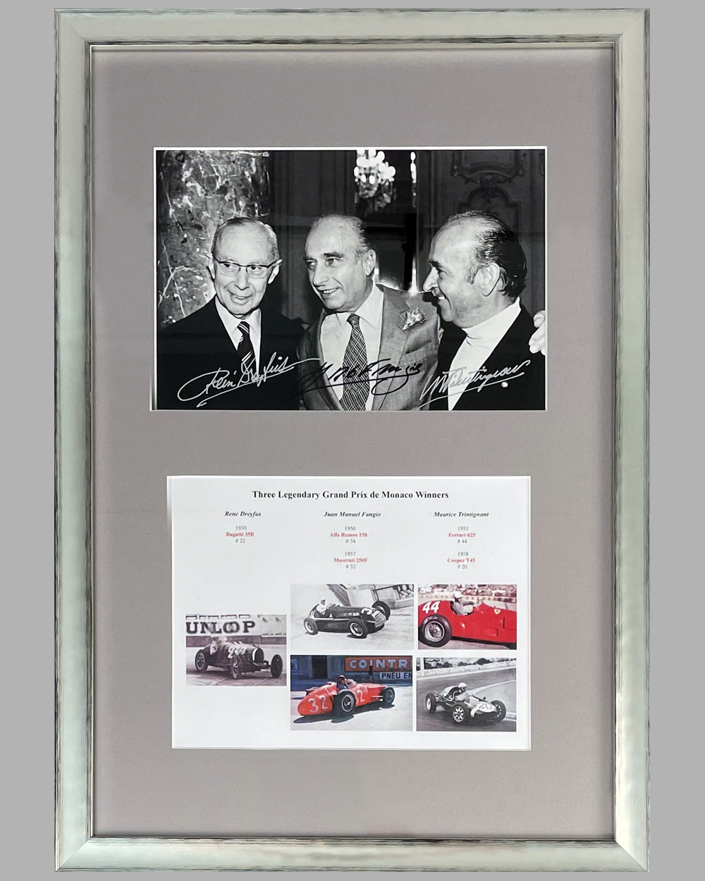 Three Legendary Grand Prix de Monaco Winners photo montage, autographed by Dreyfus, Fangio &amp; Trintignant